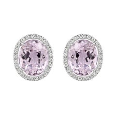 Kunzite and Diamond 18 Carat White Gold Oval Halo Cluster Stud Earrings