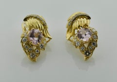 Kunzite and Diamond Leaf Design Earrings in 18 Karat, circa 1960s