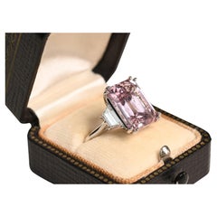 9 Carat Kunzite Ring. Emerald Cut Natural Kunzite 0.70TWC Diamond Ring Platinum