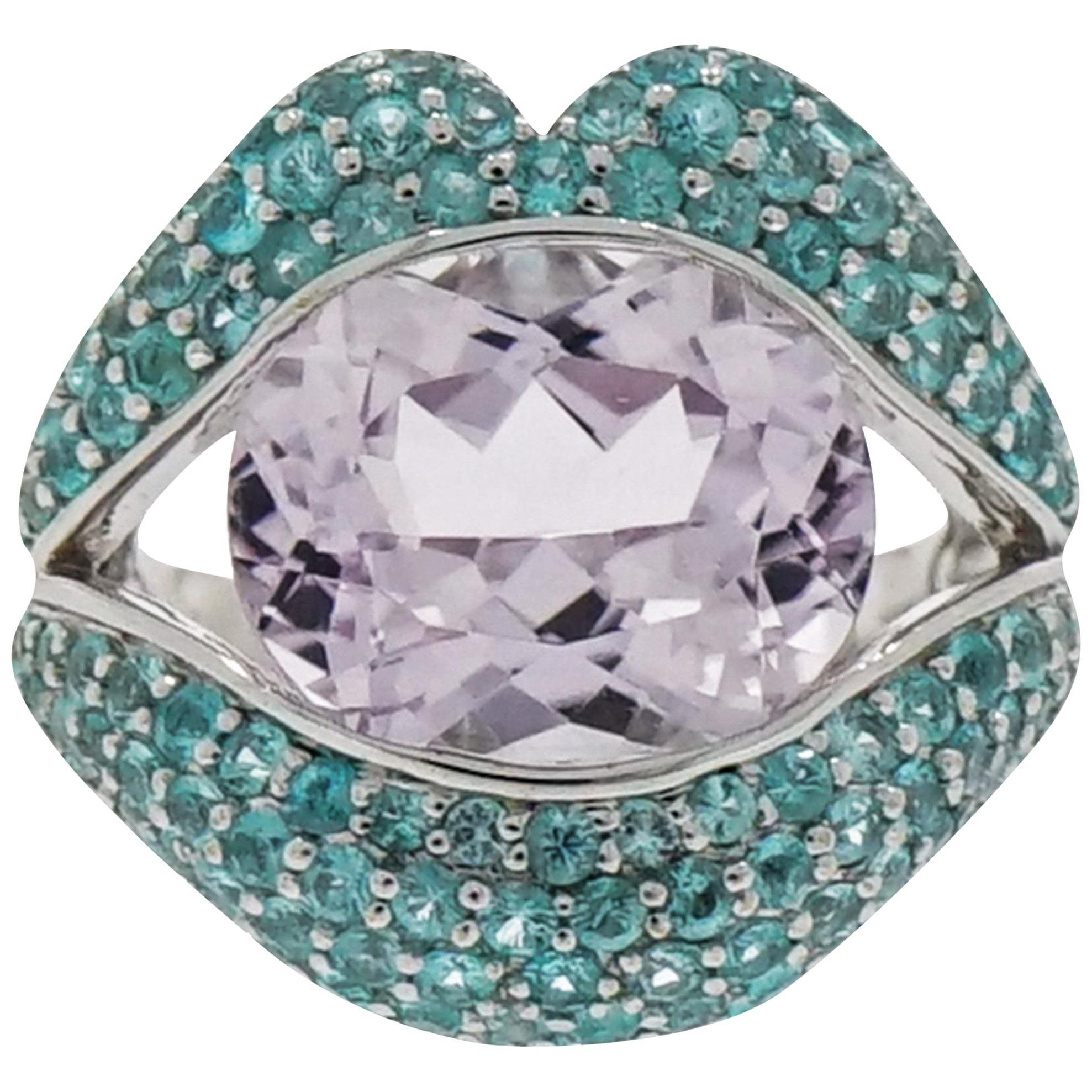 Kunzite and Paraiba Tourmaline "Kiss Me" White Gold Ring by Loretta Castoro