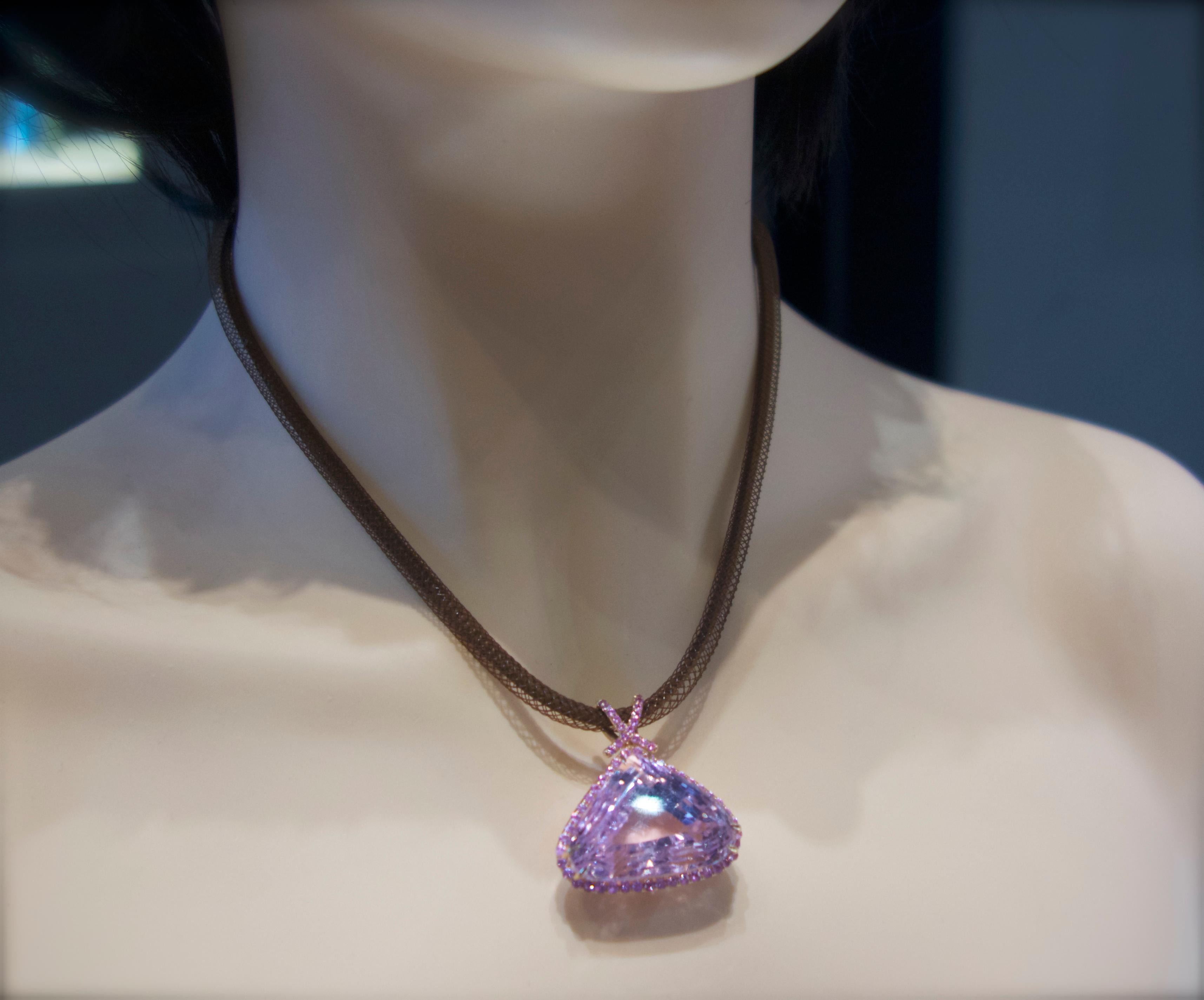 Kunzite and Pink Sapphire and Diamond Pendant-Necklace In Excellent Condition In Aspen, CO