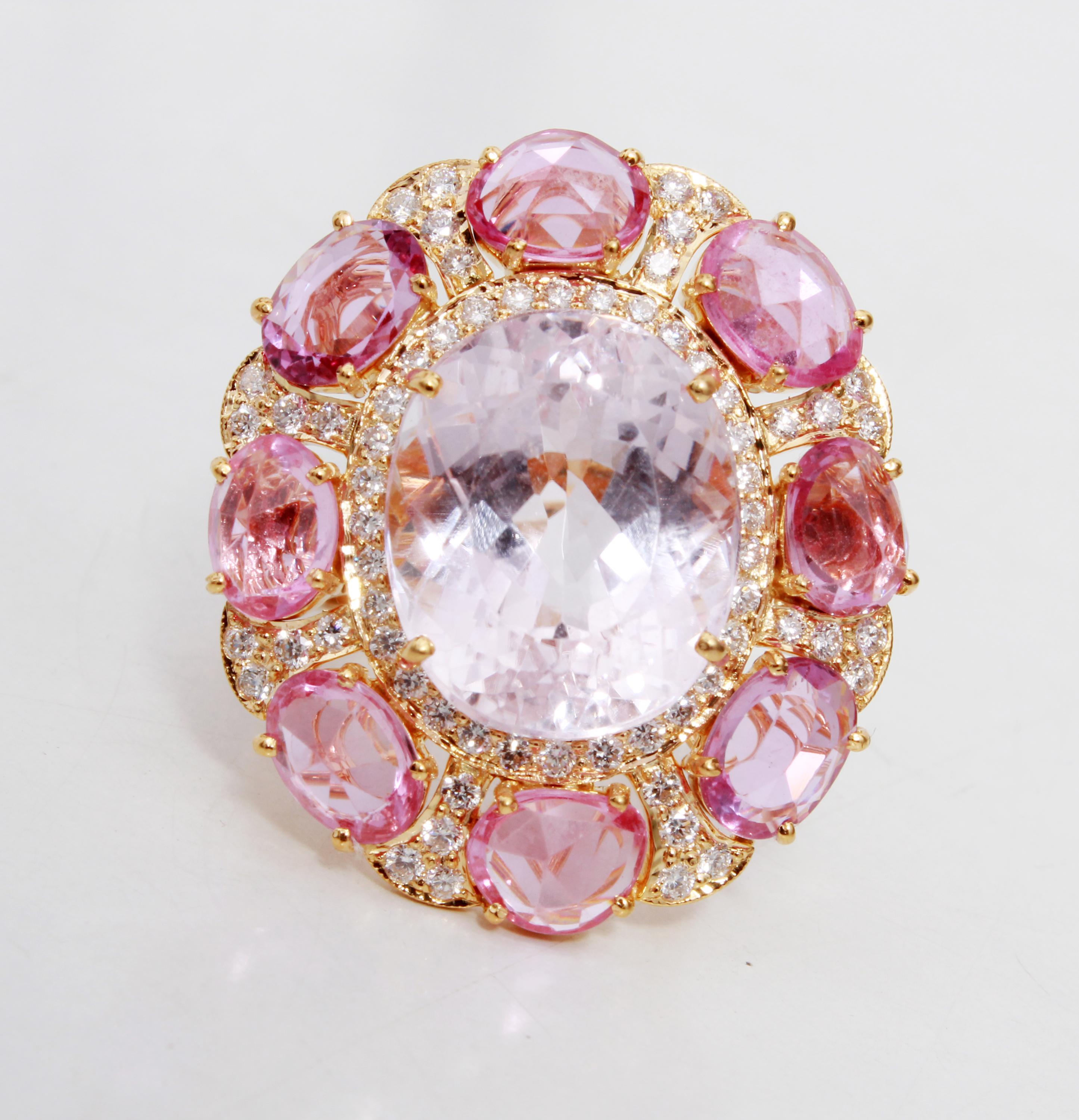 This lustrous ring has a 12.90 carats kunzite that is mounted in the center of the ring and with that 8 pieces of rose cut pink sapphires weighing 6.15 carats.
Ring also embellished with 74 pieces of round cut white diamonds weighing 1.21 carats. 