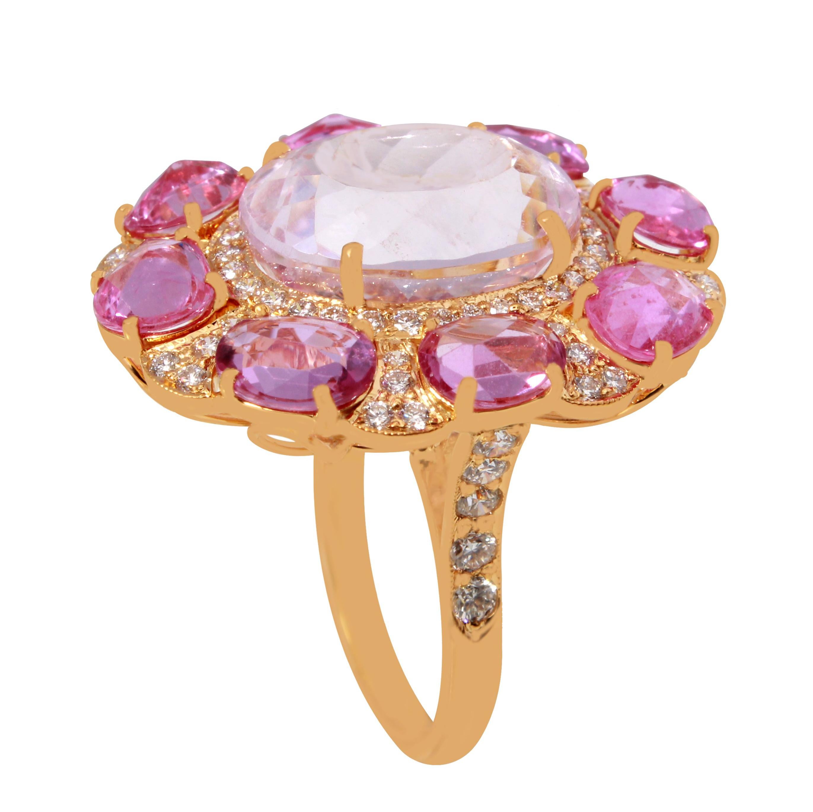 Kunzite and Pink Sapphire Ring in 18 Karat Yellow Gold For Sale