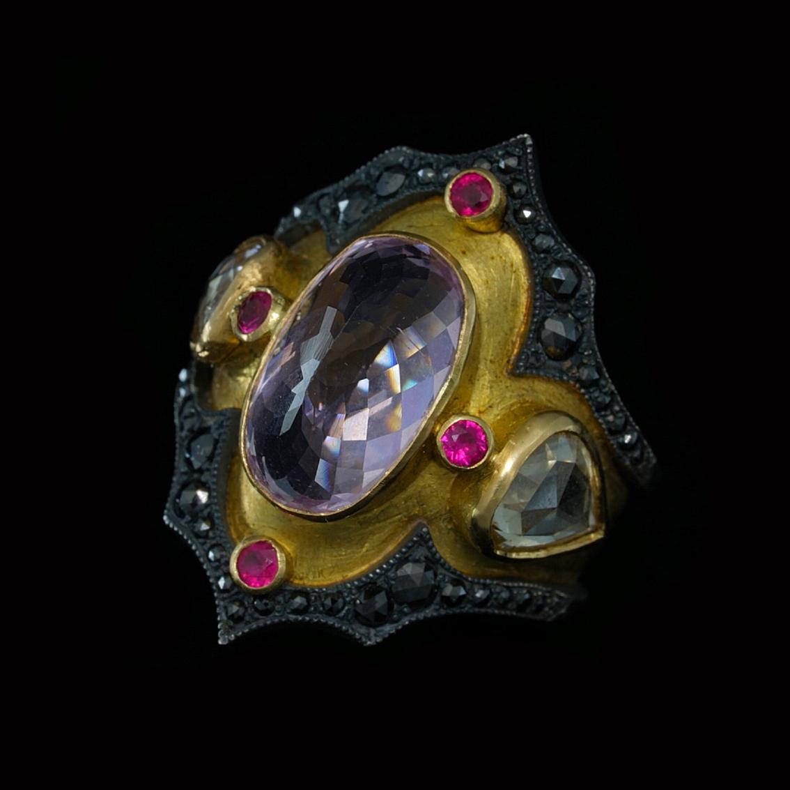 18Kt Yellow Gold Ring, Blackened Silver, Kunzite, Rubies, White & Black Diamonds For Sale 2