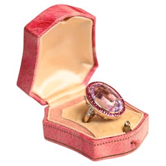 Kunzite and Ruby Ring. 24ct Oval Cut Kunzite Ruby Halo Ring 18K Yellow Gold