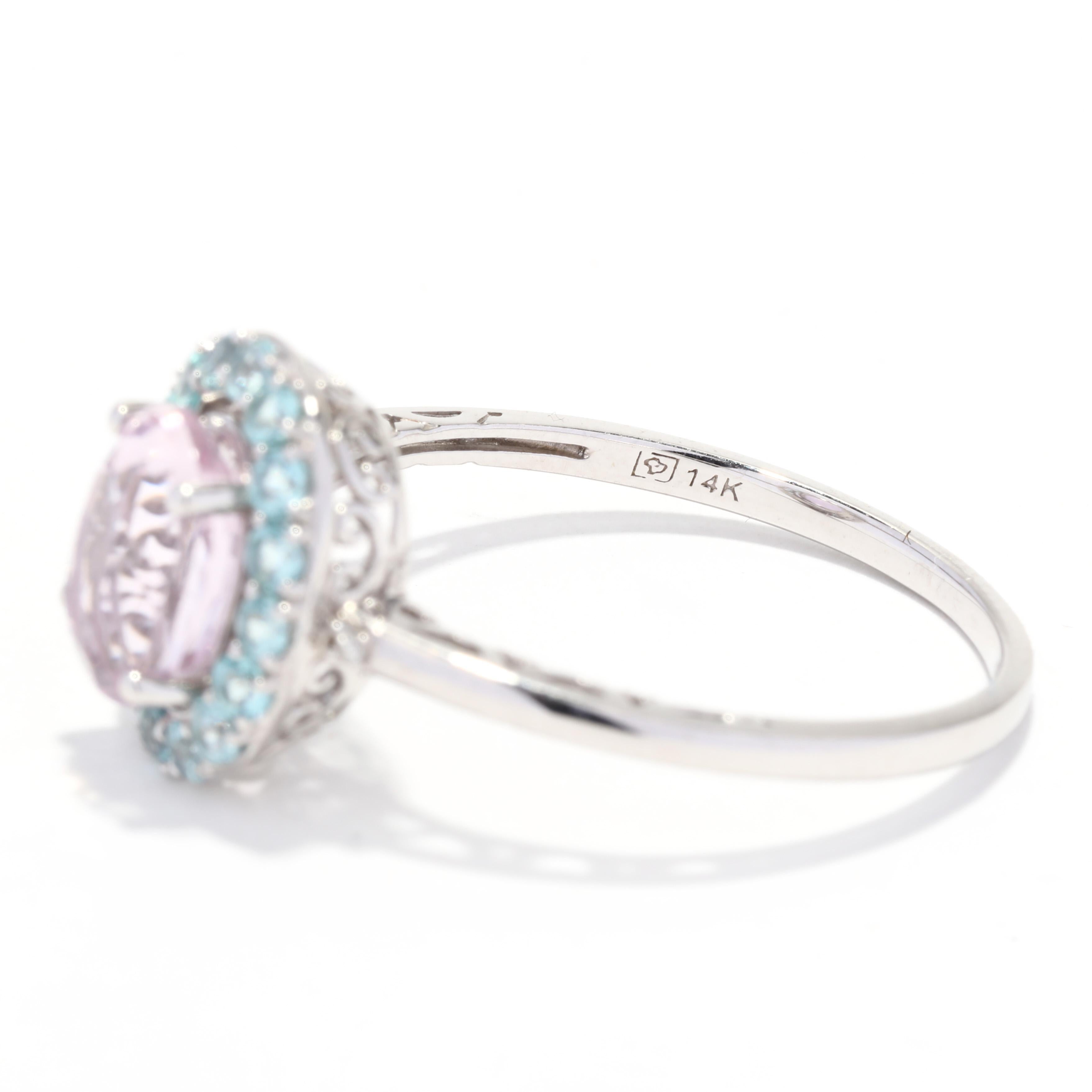 Kunzite Aquamarine 2.67ctw Halo Ring, 14K White Gold, Pink Kunzite In Good Condition In McLeansville, NC