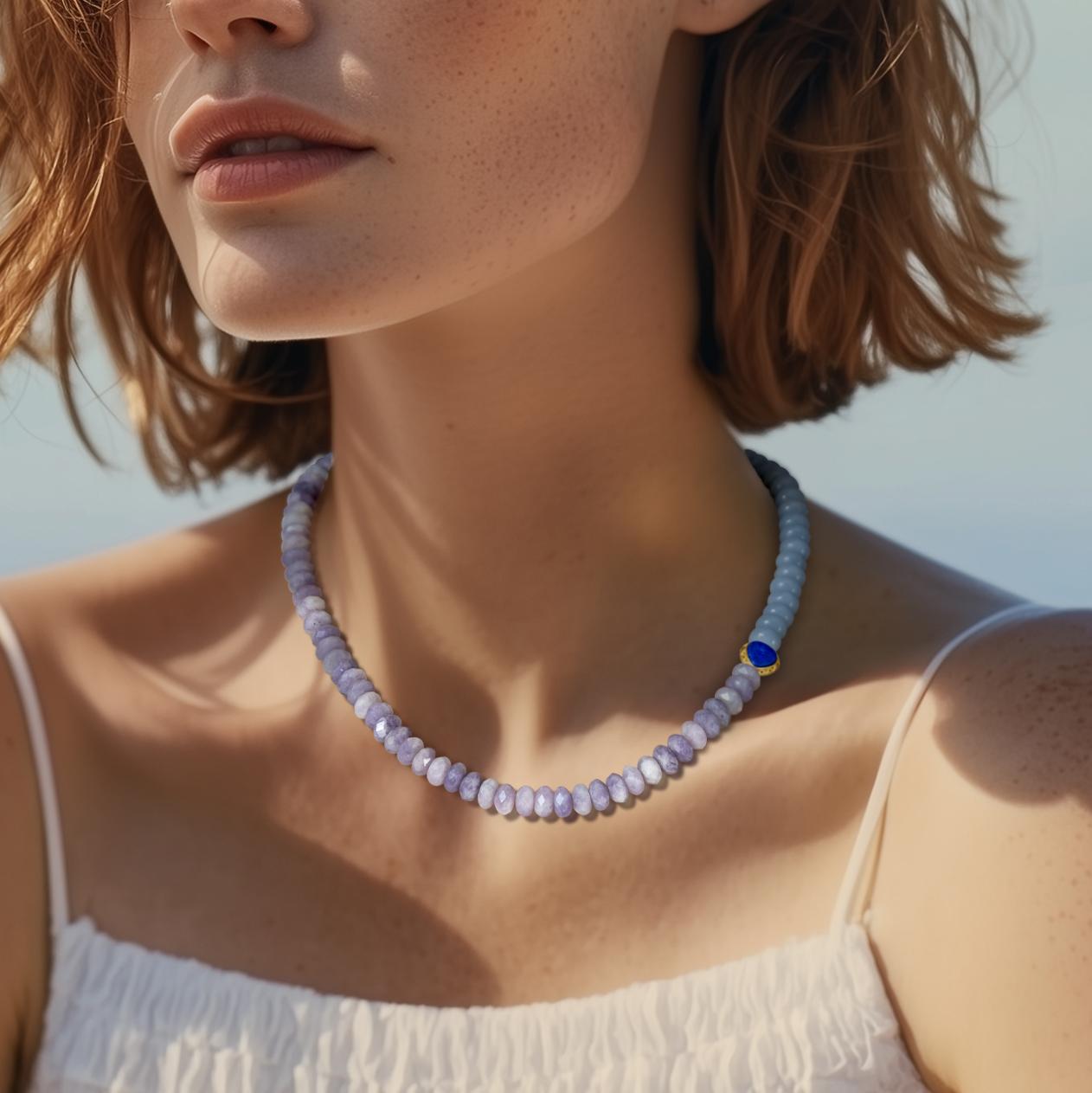 Kunzite Aquamarine Lapis Half Moon Necklace -by Bombyx House For Sale 3