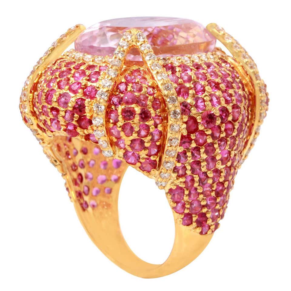 Kunzite Cocktail Ring in 18 Karat Yellow Gold with Ruby and Diamond For ...