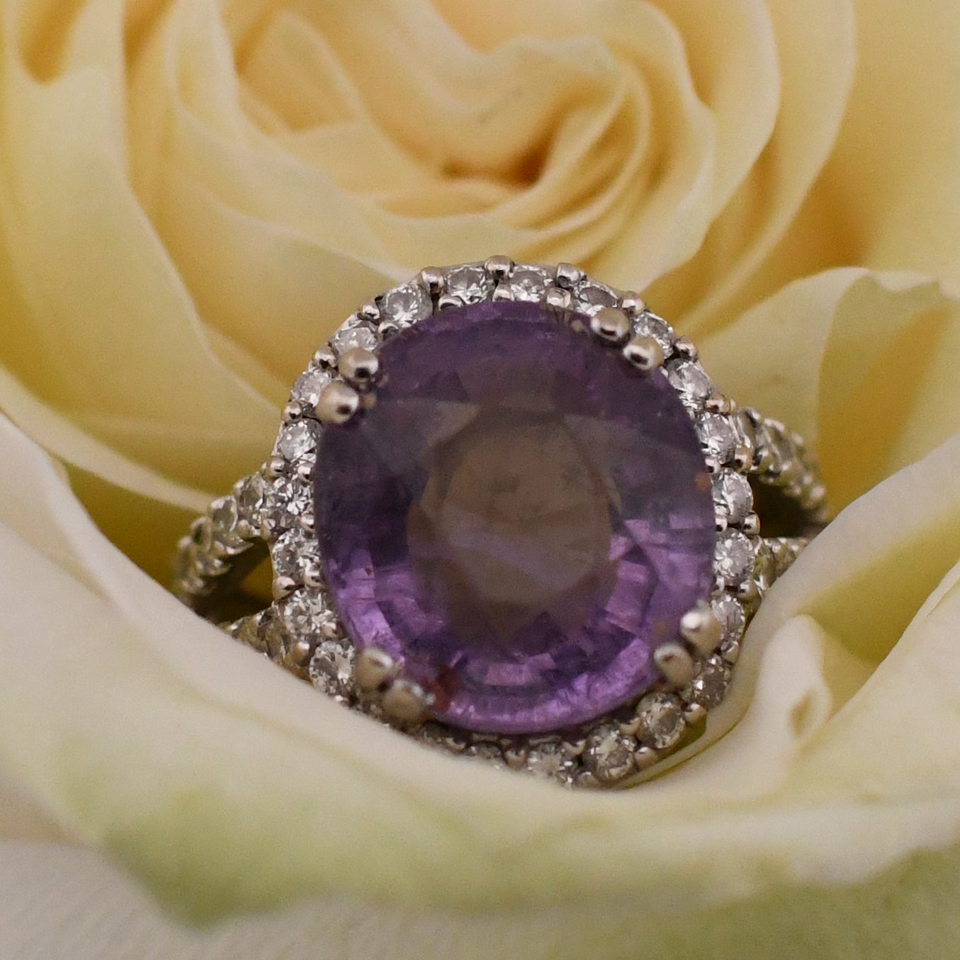 8 ct Kunzite Ring with Diamond Halo is a stunning cocktail ring that embodies modern luxury. Featuring an approximately 8 carat kunzite gemstone, renowned for its delicate pink hue, this ring exudes elegance and sophistication. The kunzite is