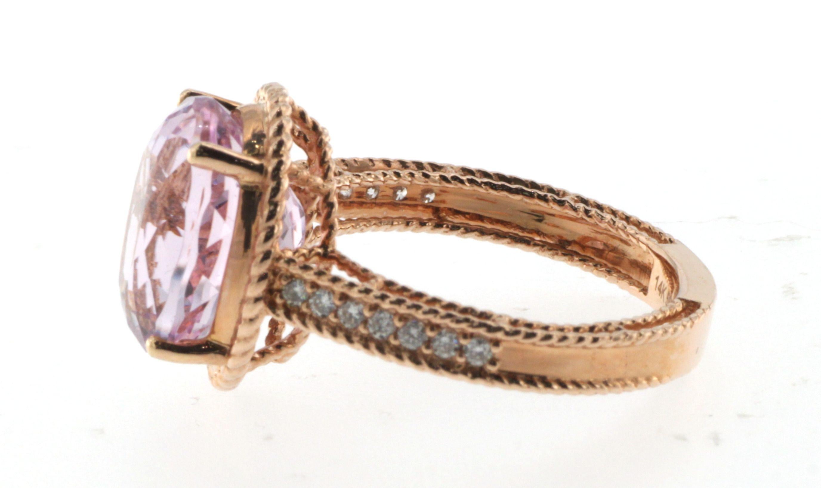 Contemporary Kunzite Diamond Cocktail Ring in 14 Karat Rose Gold