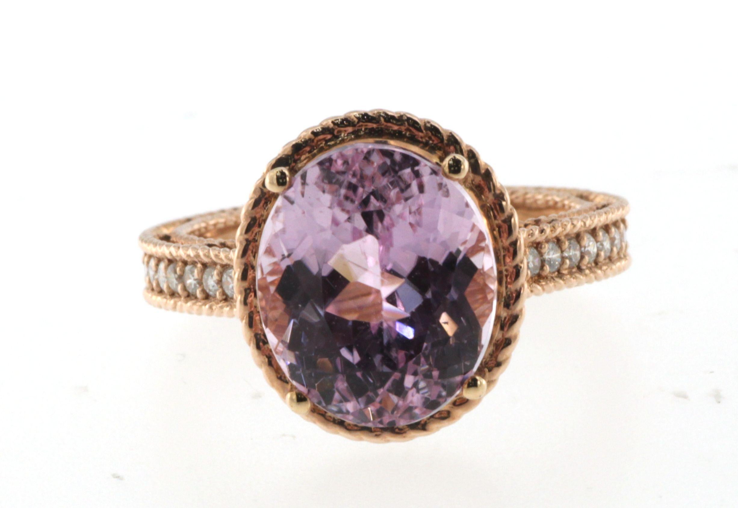 Oval Cut Kunzite Diamond Cocktail Ring in 14 Karat Rose Gold