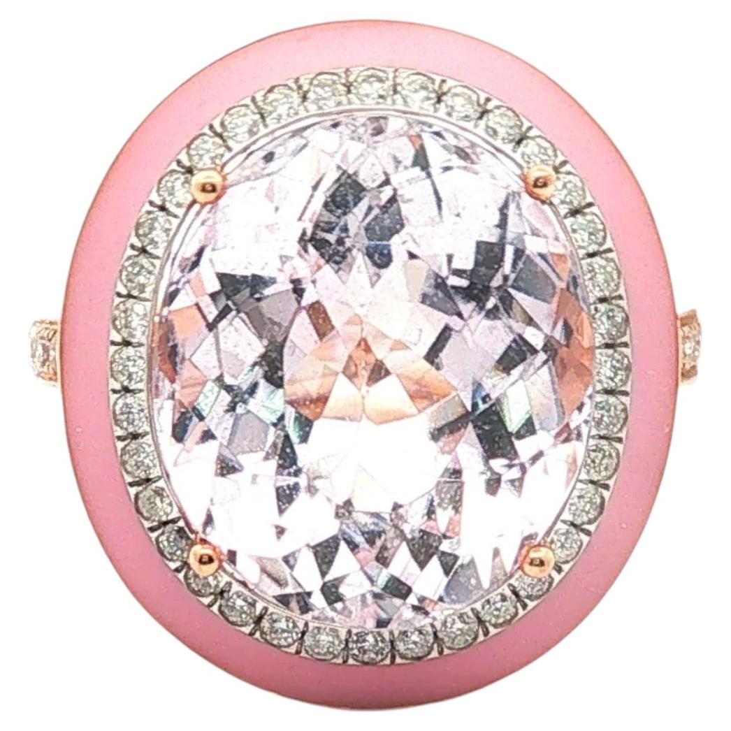 Kunzite Diamond Ring 9.48 Carat Oval Pink Enamel 18K Rose Gold For Sale