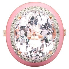 Kunzite Diamond Halo Ring 9.48 Carat Oval Pink Enamel 18K Rose Gold