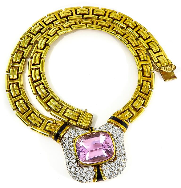 Cushion Cut Kunzite Diamond Onyx Gold Necklace