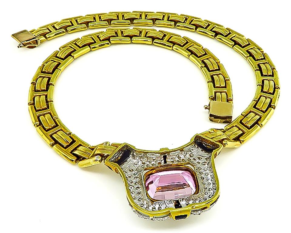 Kunzite Diamond Onyx Gold Necklace In Good Condition In New York, NY