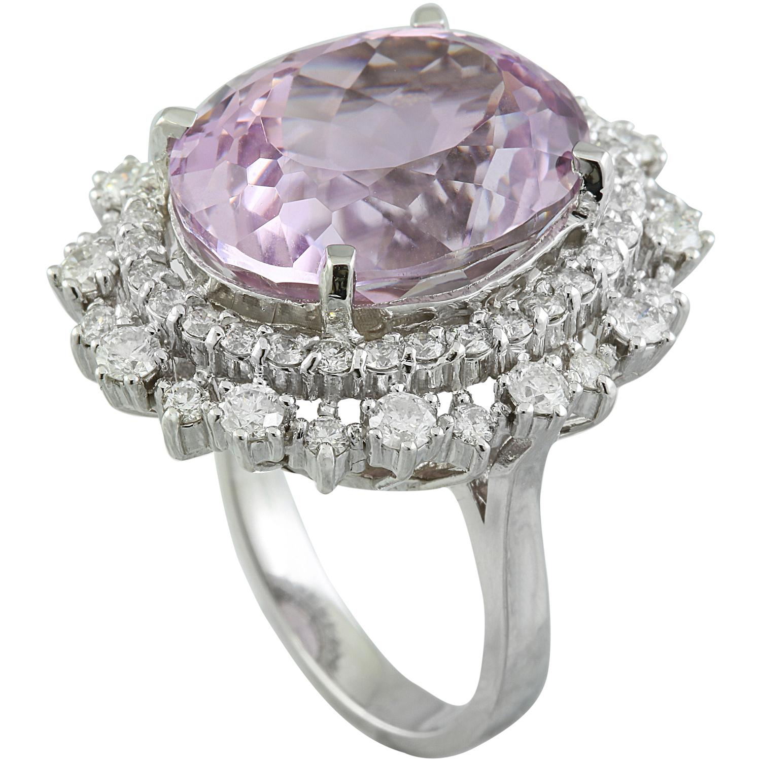 Oval Cut Kunzite Diamond Ring In 14 Karat White Gold For Sale