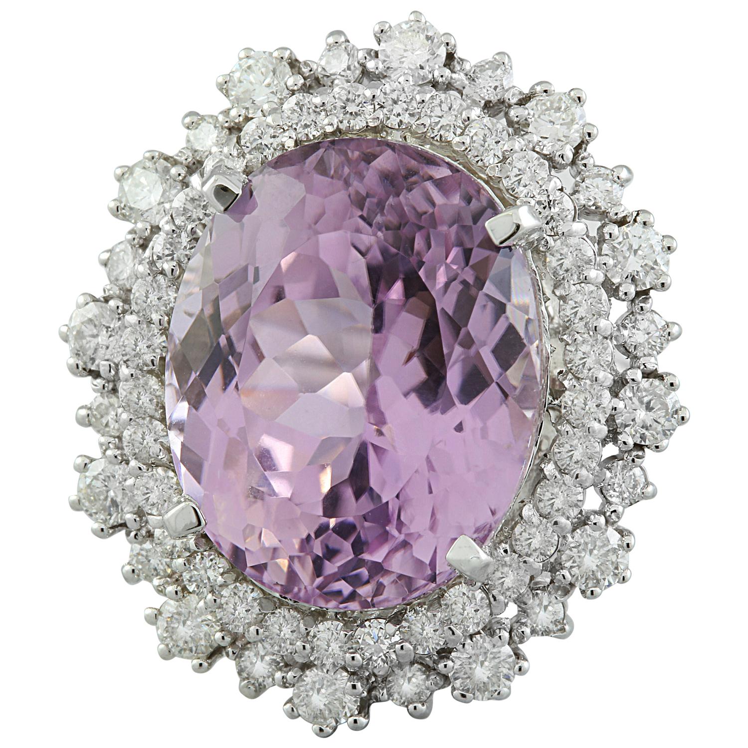 Women's Kunzite Diamond Ring In 14 Karat White Gold For Sale