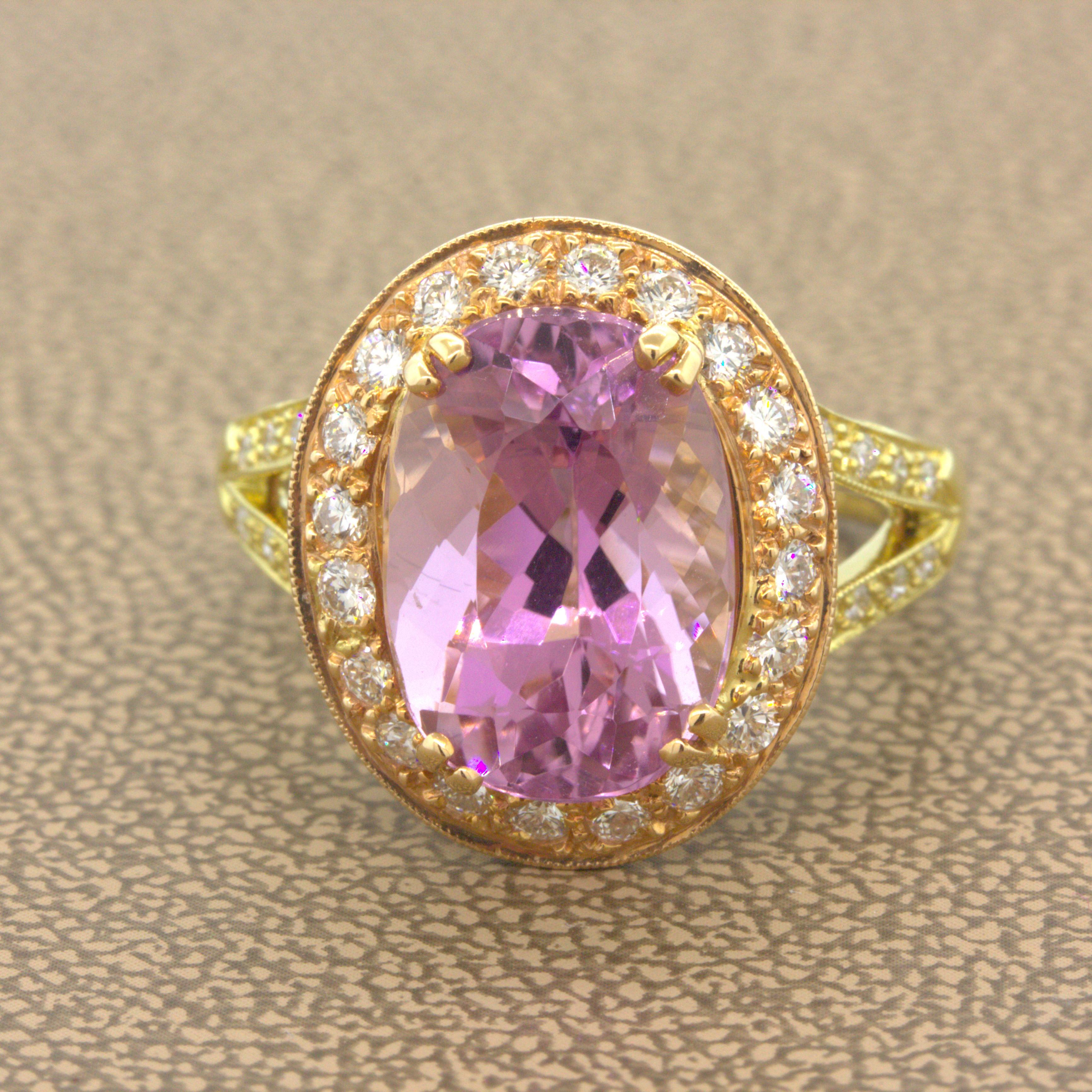 A lovely stylish ring featuring a gem kunzite with a fine pink color weighing 6.99 carats. It is set in 18k rose gold while the sides and shank of the ring is made in yellow gold. There are 1.05 carats of round brilliant-cut diamonds set around the