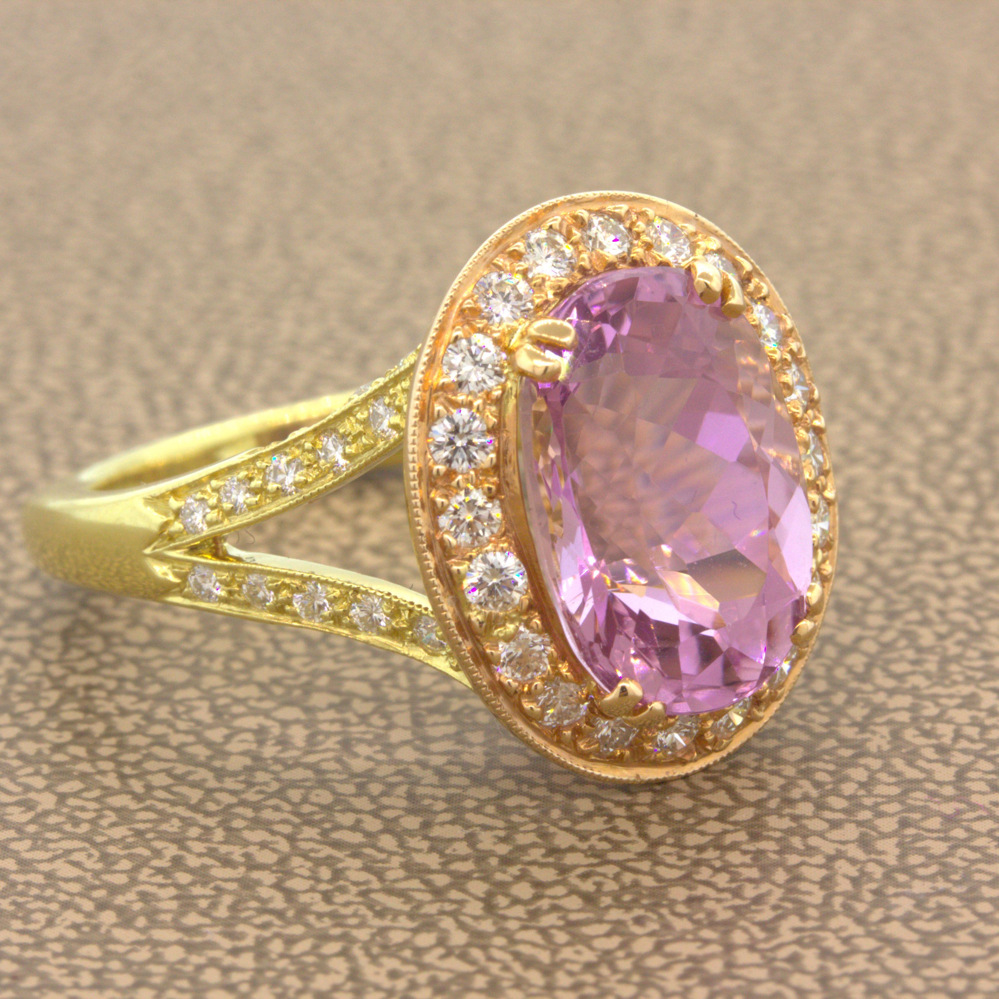 Oval Cut Kunzite Diamond Two-Tone Rose & Yellow Gold Ring For Sale