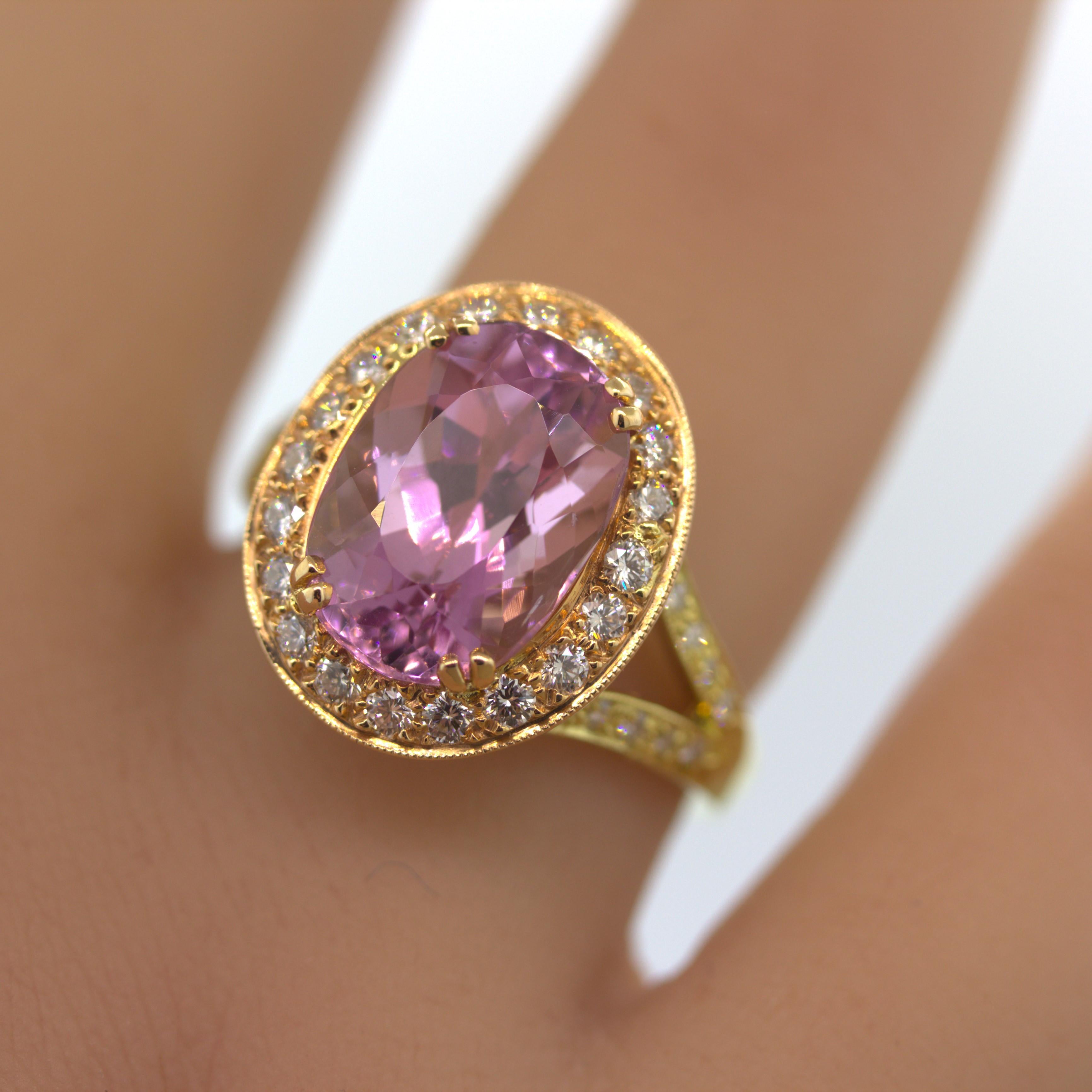 Women's Kunzite Diamond Two-Tone Rose & Yellow Gold Ring For Sale