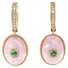 Kunzite Garnet Diamond Drop Earrings in 14 Karat Yellow Gold