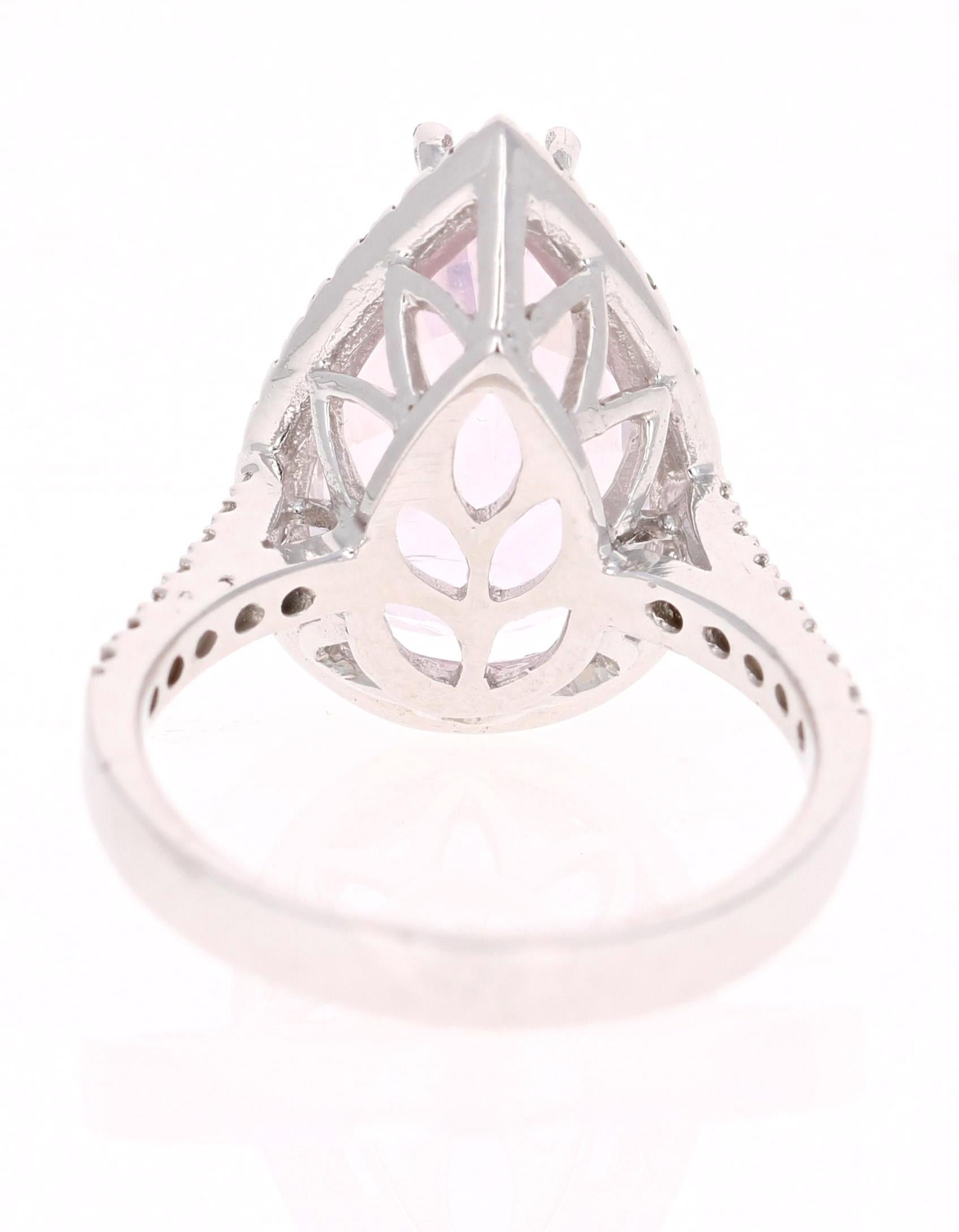 Pear Cut Kunzite Halo Diamond White Gold Engagement Ring For Sale