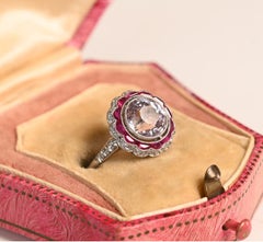 Kunzite and Ruby Ring. 2.50ct Round Kunzite Diamond Double Halo Ring Platinum