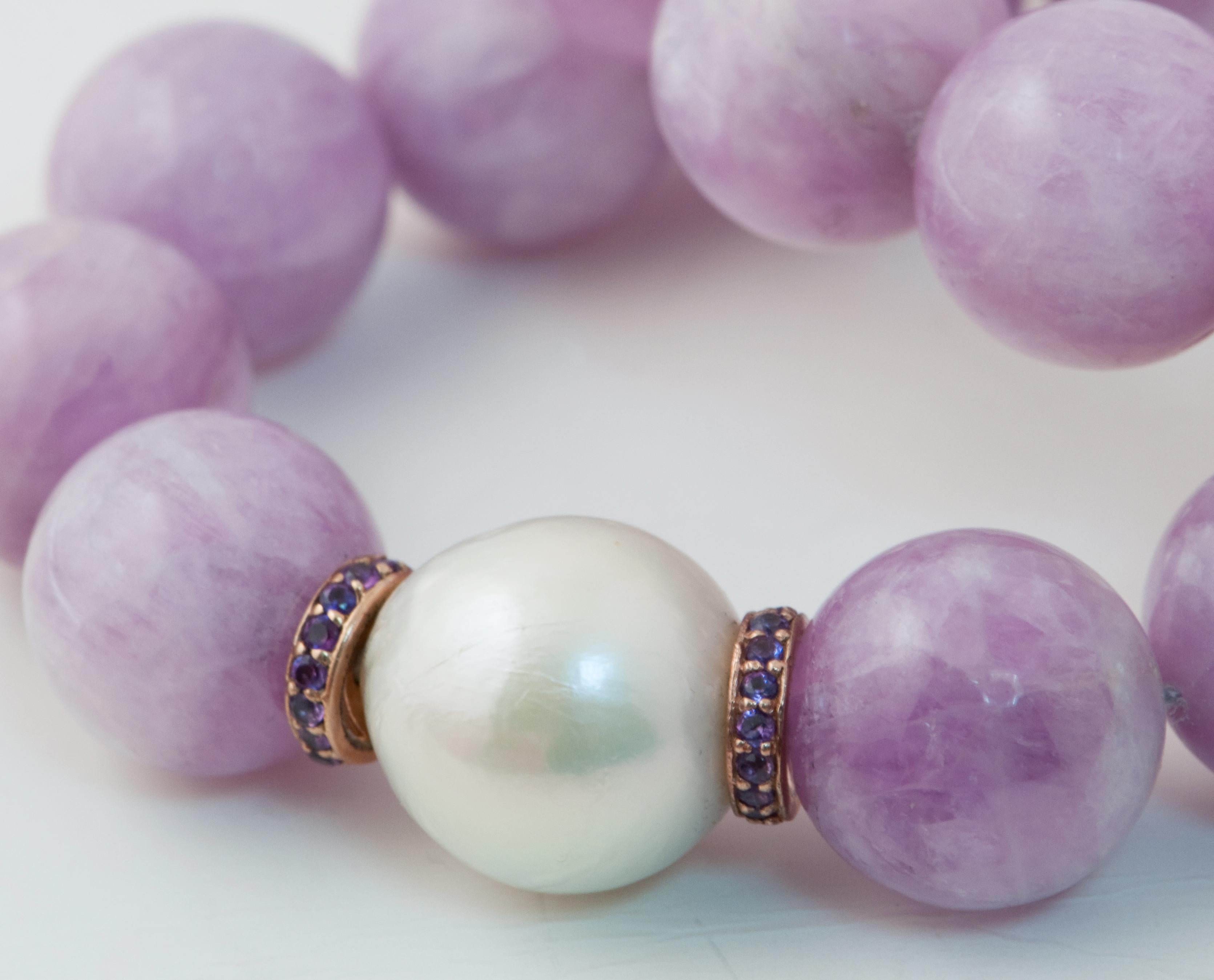 Artisan Kunzite Pearl, Amethyst and Freshwater Pearl, Rose Gold Beaded Necklace