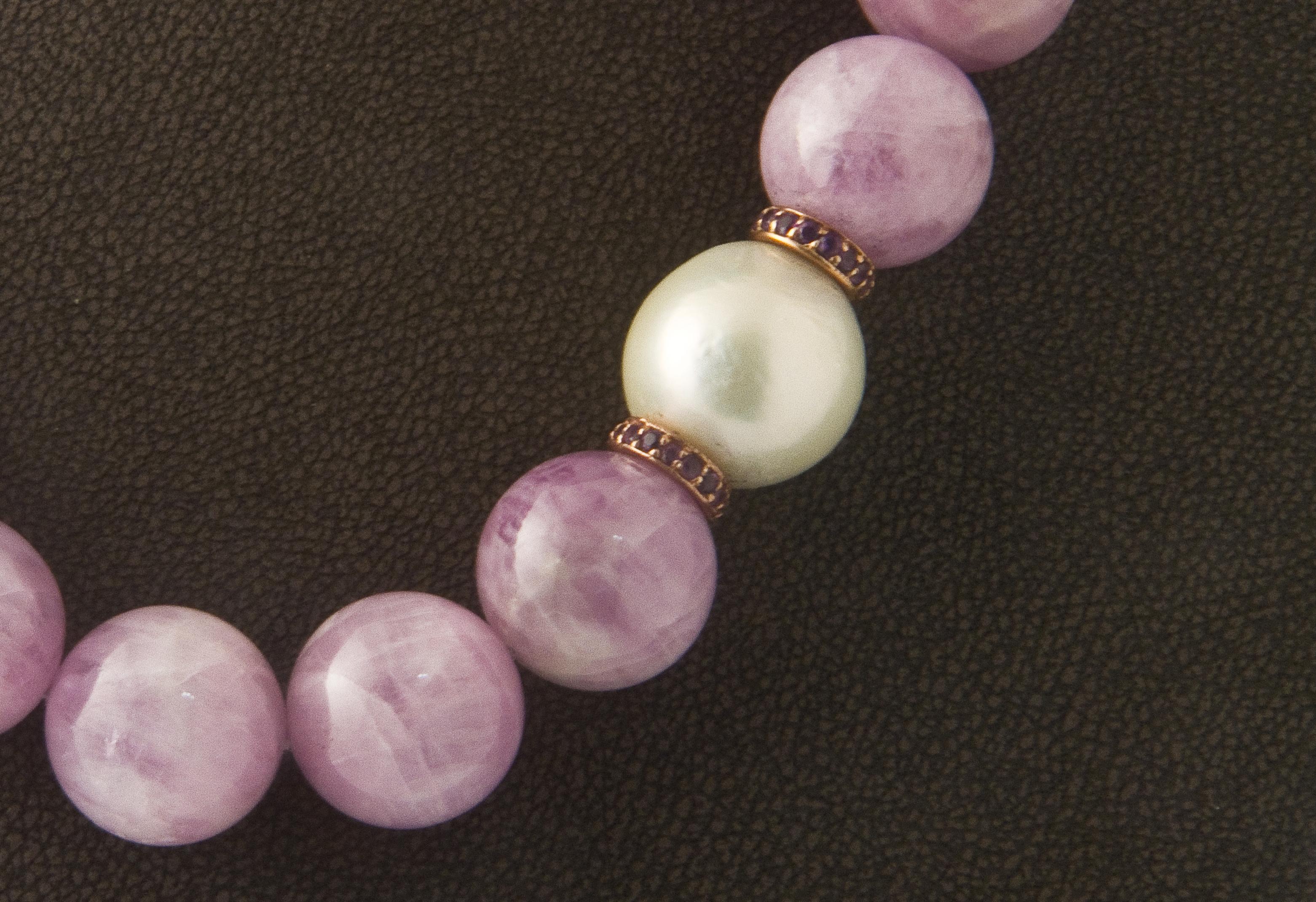 Kunzite Pearl, Amethyst and Freshwater Pearl, Rose Gold Beaded Necklace In New Condition In Vannes, FR