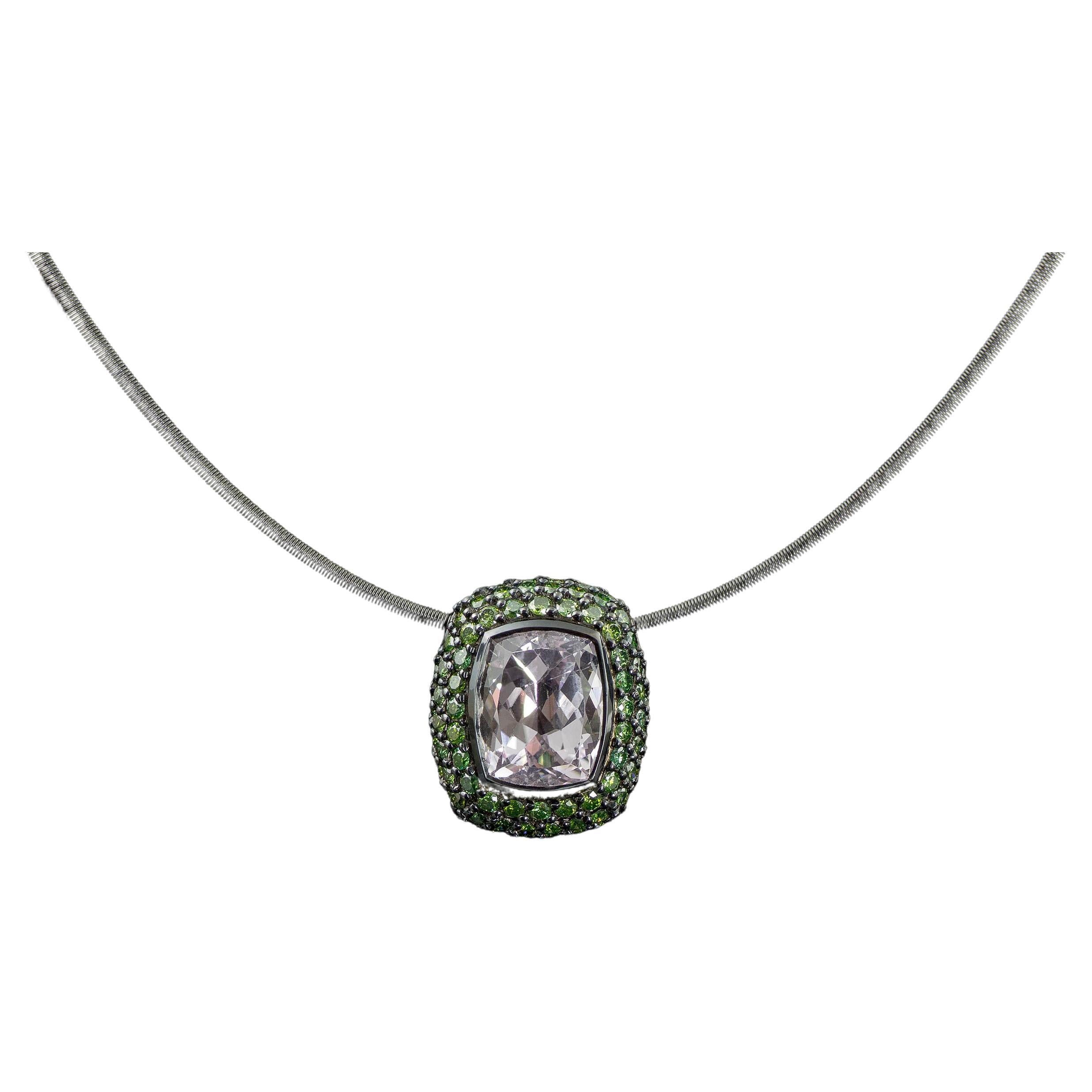 Kunzite Pendant Framed by Green Diamonds, 18k White Gold, Handmade For Sale
