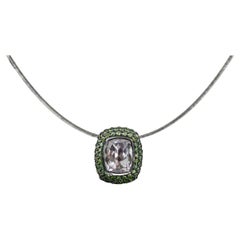 Kunzite Pendant Framed by Green Diamonds, 18k White Gold, Handmade