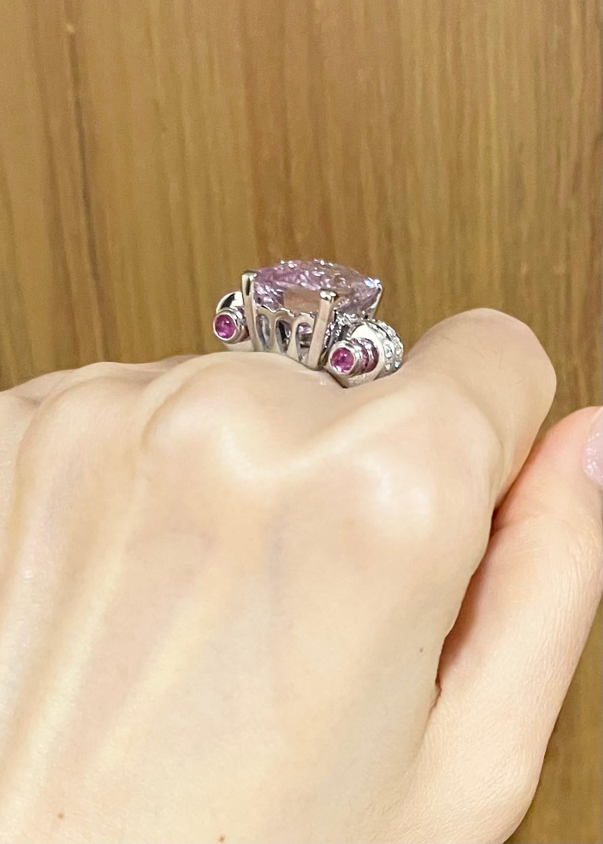 Kunzite, Pink Sapphire and Diamond Ring set in 18K White Gold Settings For Sale 4
