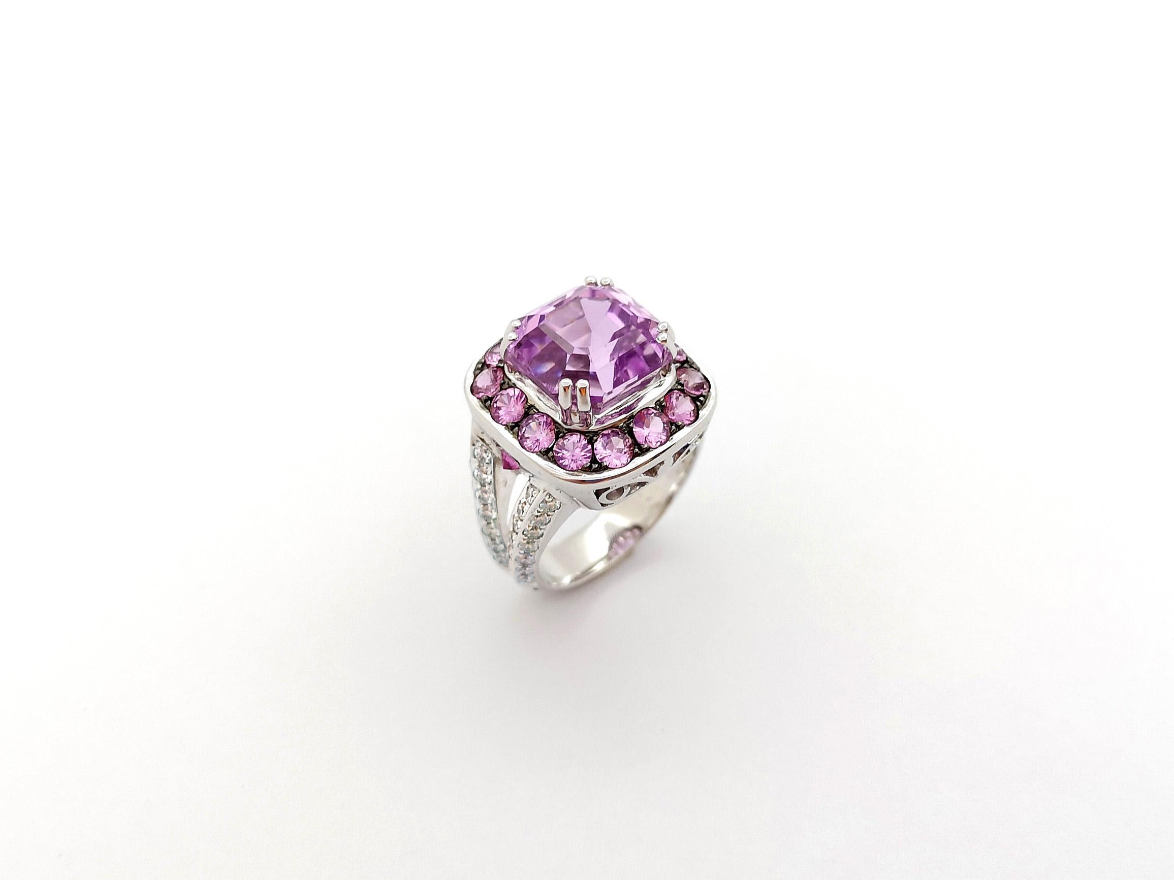 Kunzite, Pink Sapphire and Diamond Ring set in 18K White Gold Settings For Sale 7
