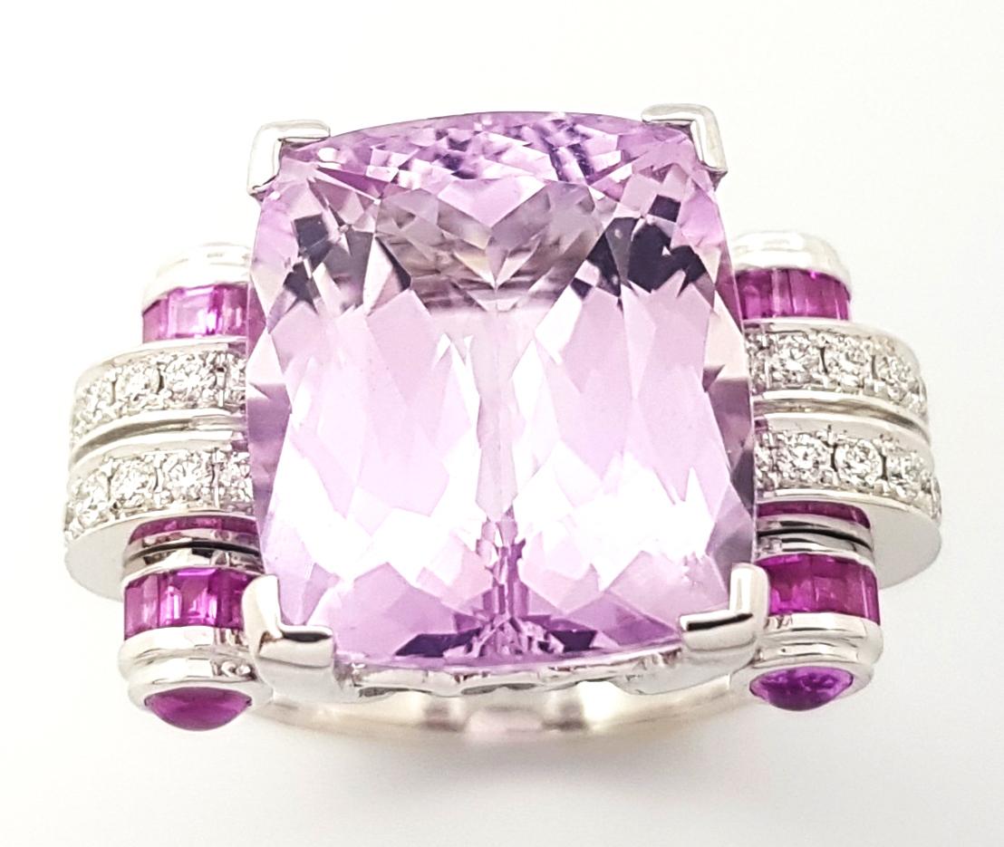 Kunzite, Pink Sapphire and Diamond Ring set in 18K White Gold Settings For Sale 7