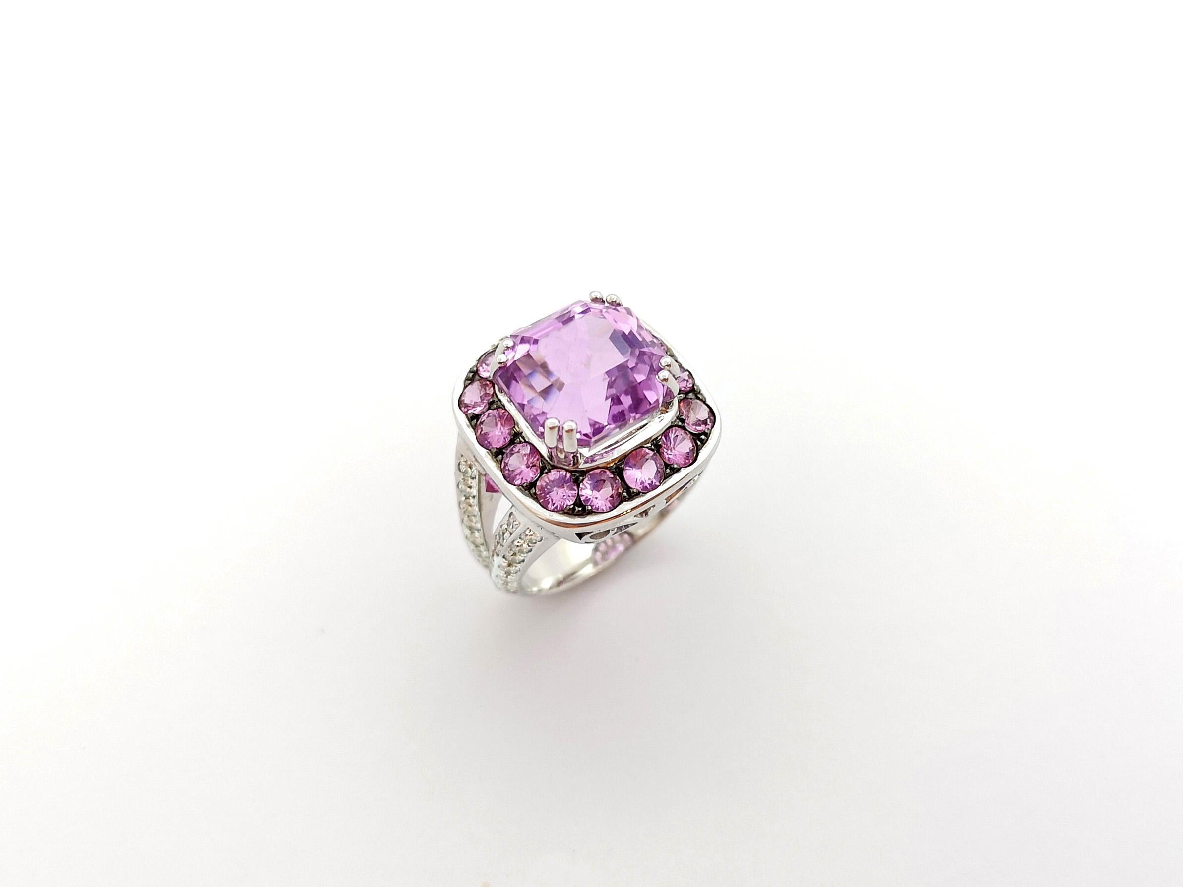 Kunzite, Pink Sapphire and Diamond Ring set in 18K White Gold Settings For Sale 8