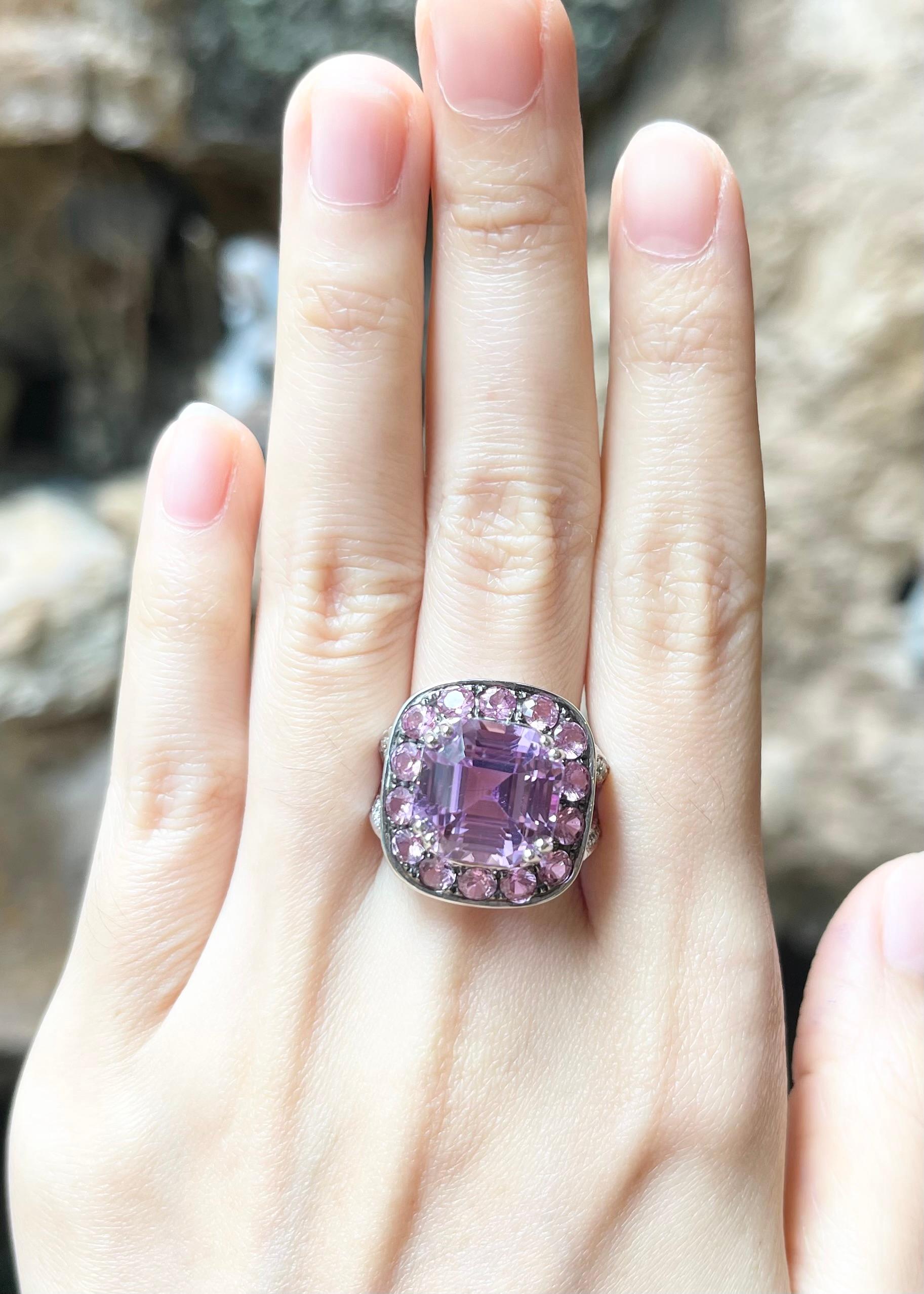 Kunzite 11.48 carats, Pink Sapphire 3.90 carats and Diamond 1.05 carats Ring set in 18K White Gold Settings 

Width:  1.8 cm 
Length: 1.2 cm
Ring Size: 57
Total Weight: 18.6 grams

Kunzite
Width:  1.3 cm 
Length: 1.3 cm

