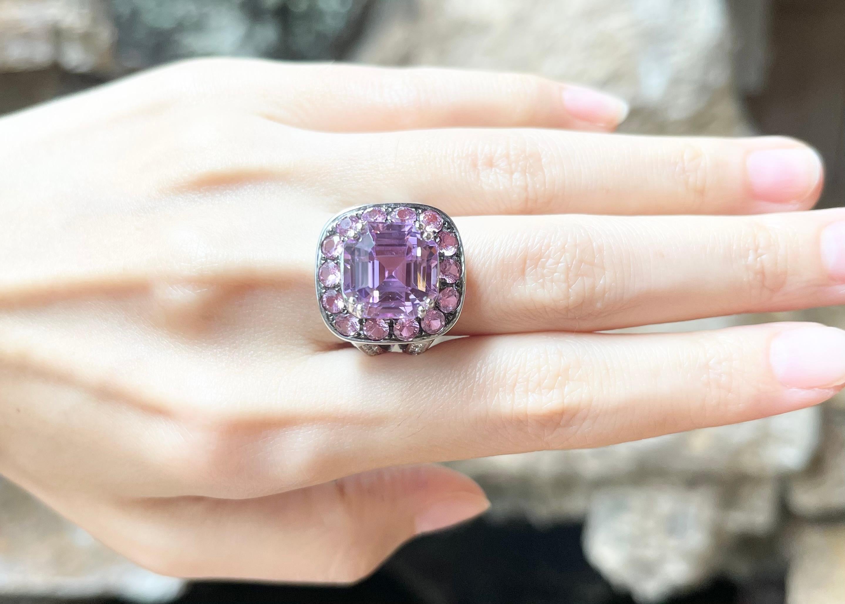 Contemporary Kunzite, Pink Sapphire and Diamond Ring set in 18K White Gold Settings For Sale