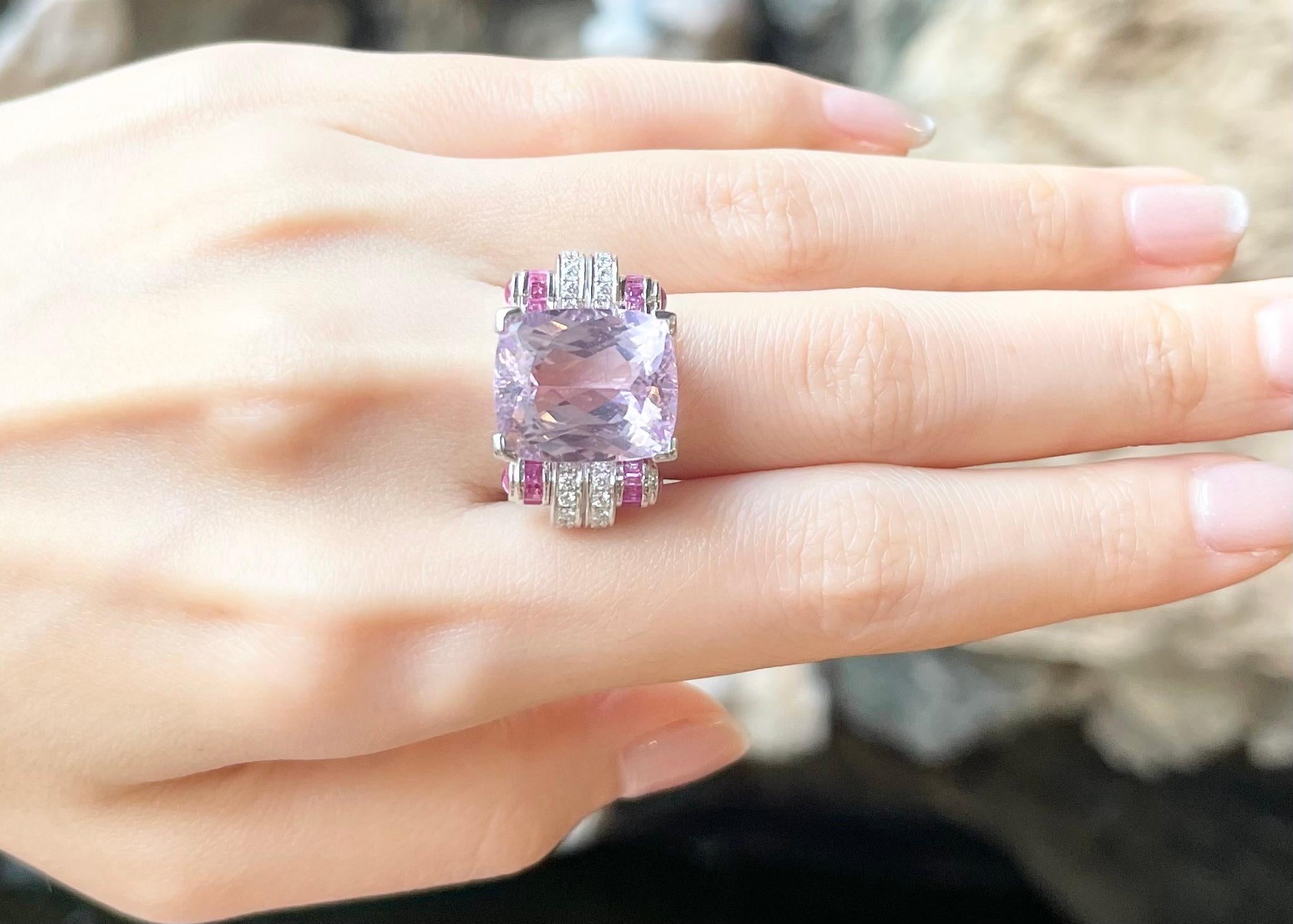 Art Deco Kunzite, Pink Sapphire and Diamond Ring set in 18K White Gold Settings For Sale