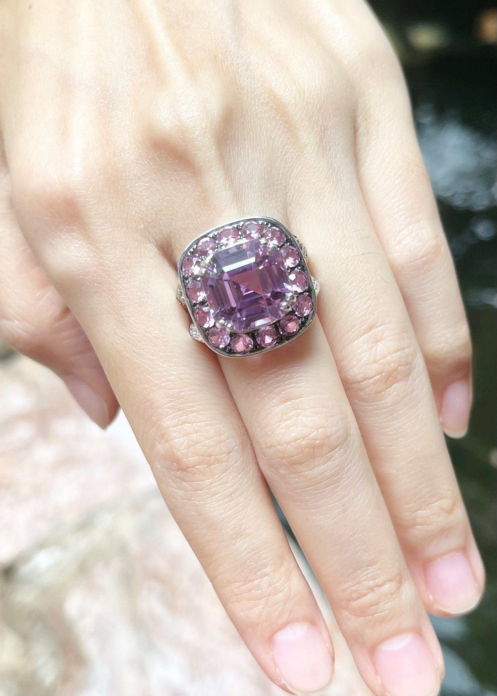 Cushion Cut Kunzite, Pink Sapphire and Diamond Ring set in 18K White Gold Settings For Sale