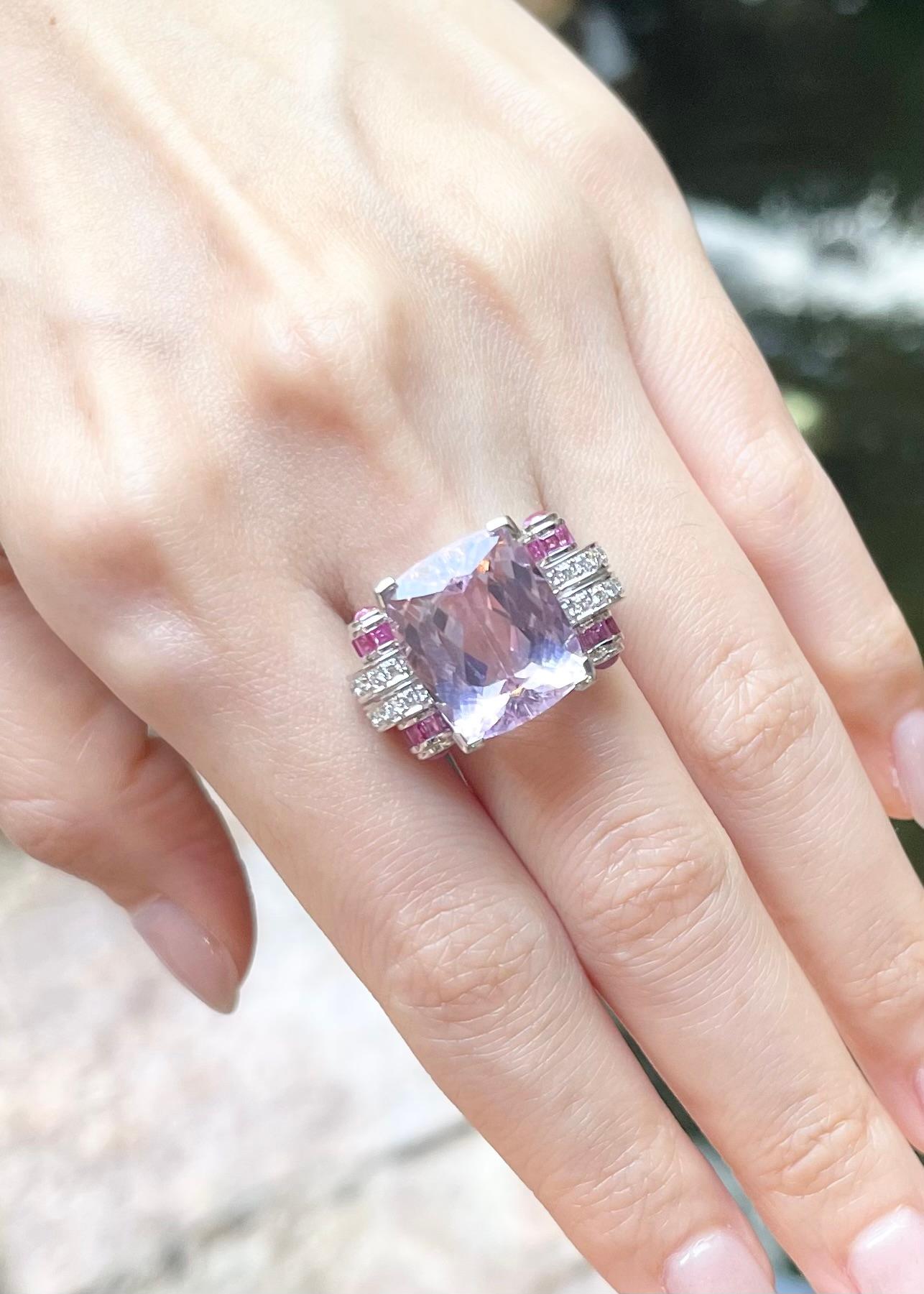 Mixed Cut Kunzite, Pink Sapphire and Diamond Ring set in 18K White Gold Settings For Sale