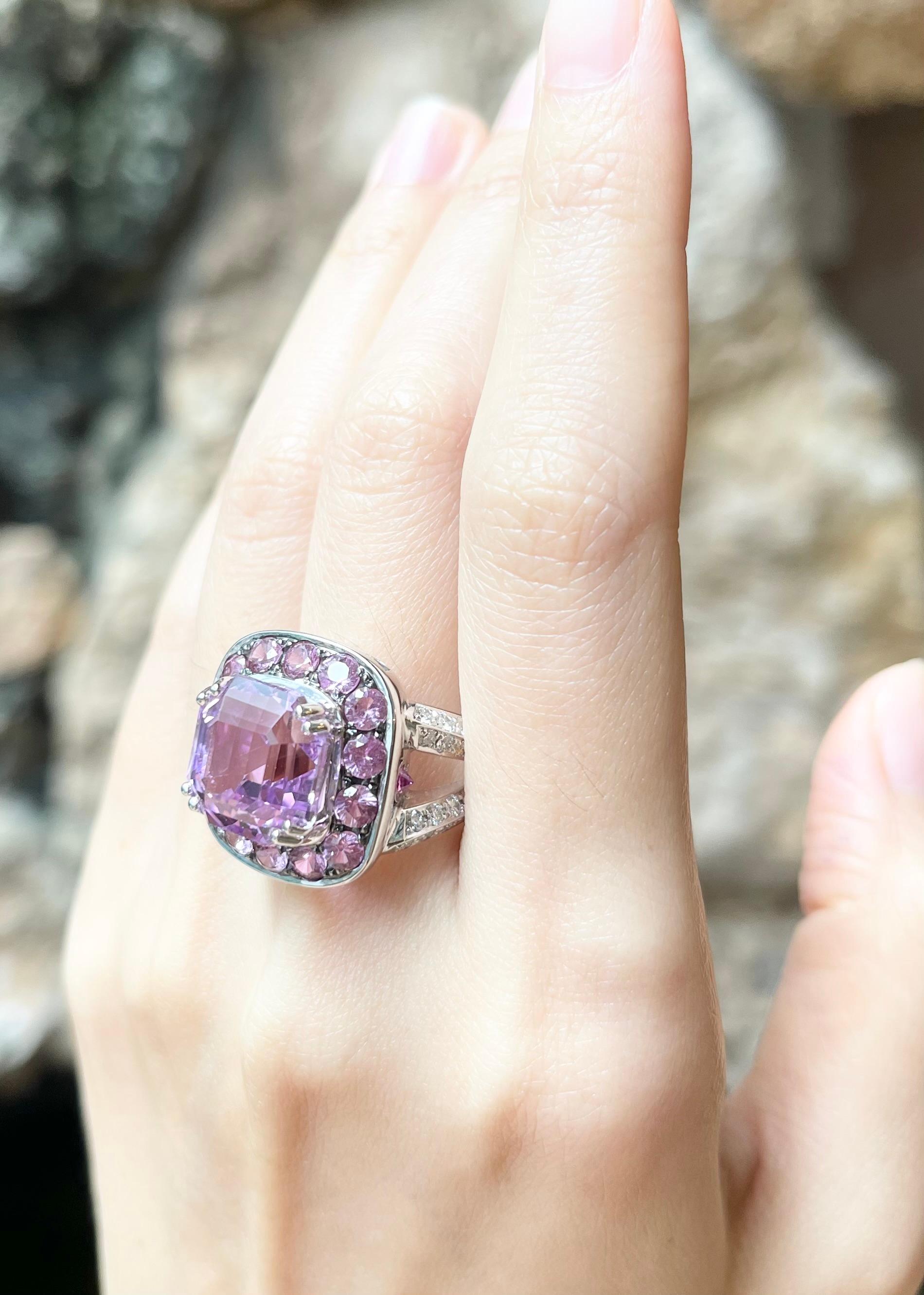 Women's Kunzite, Pink Sapphire and Diamond Ring set in 18K White Gold Settings For Sale