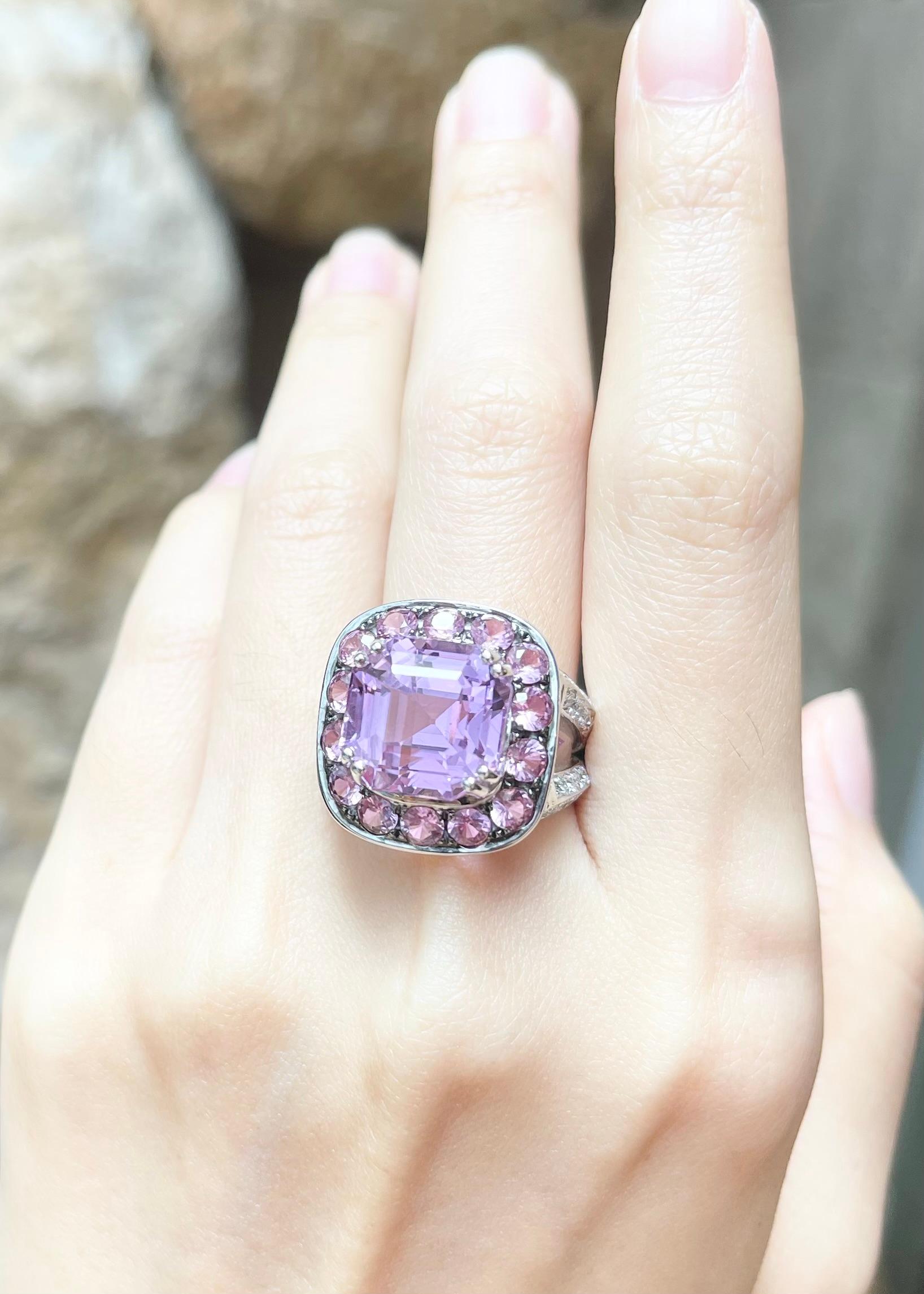 Kunzite, Pink Sapphire and Diamond Ring set in 18K White Gold Settings For Sale 1