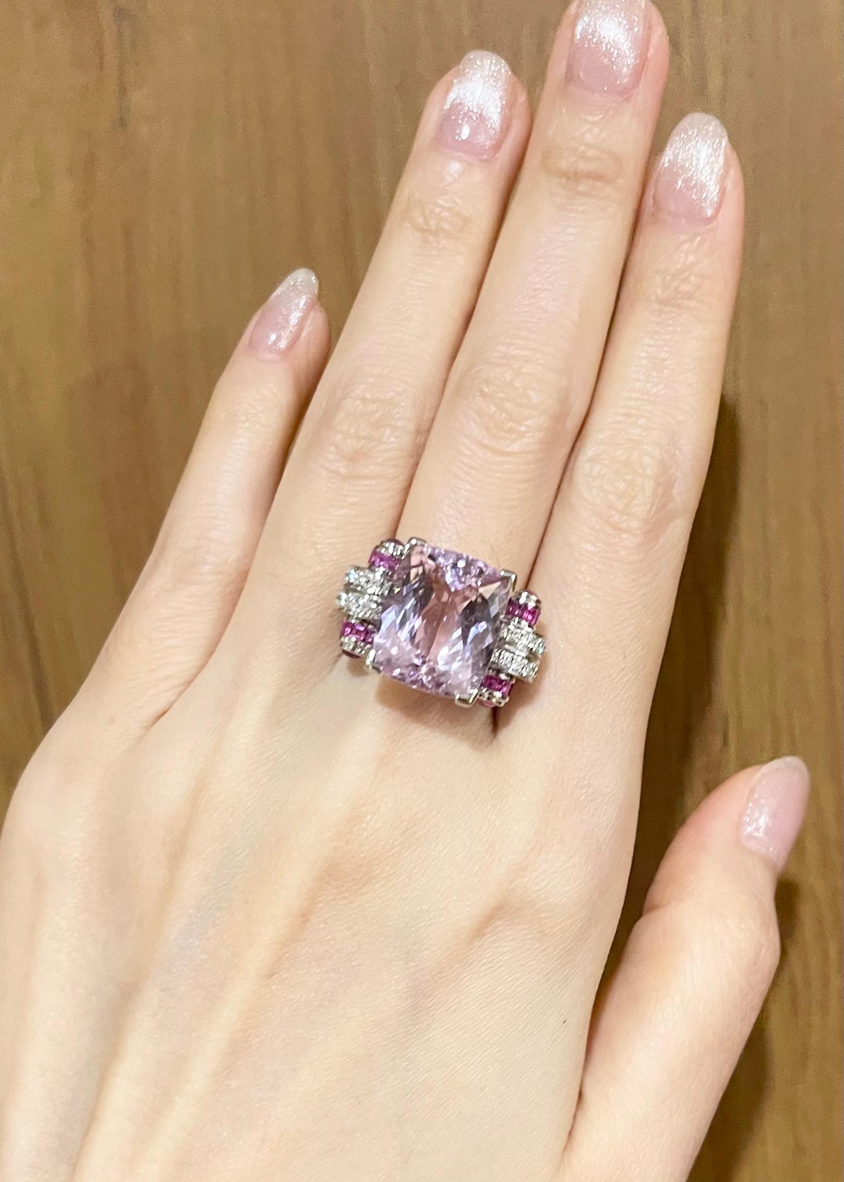 Kunzite, Pink Sapphire and Diamond Ring set in 18K White Gold Settings For Sale 1