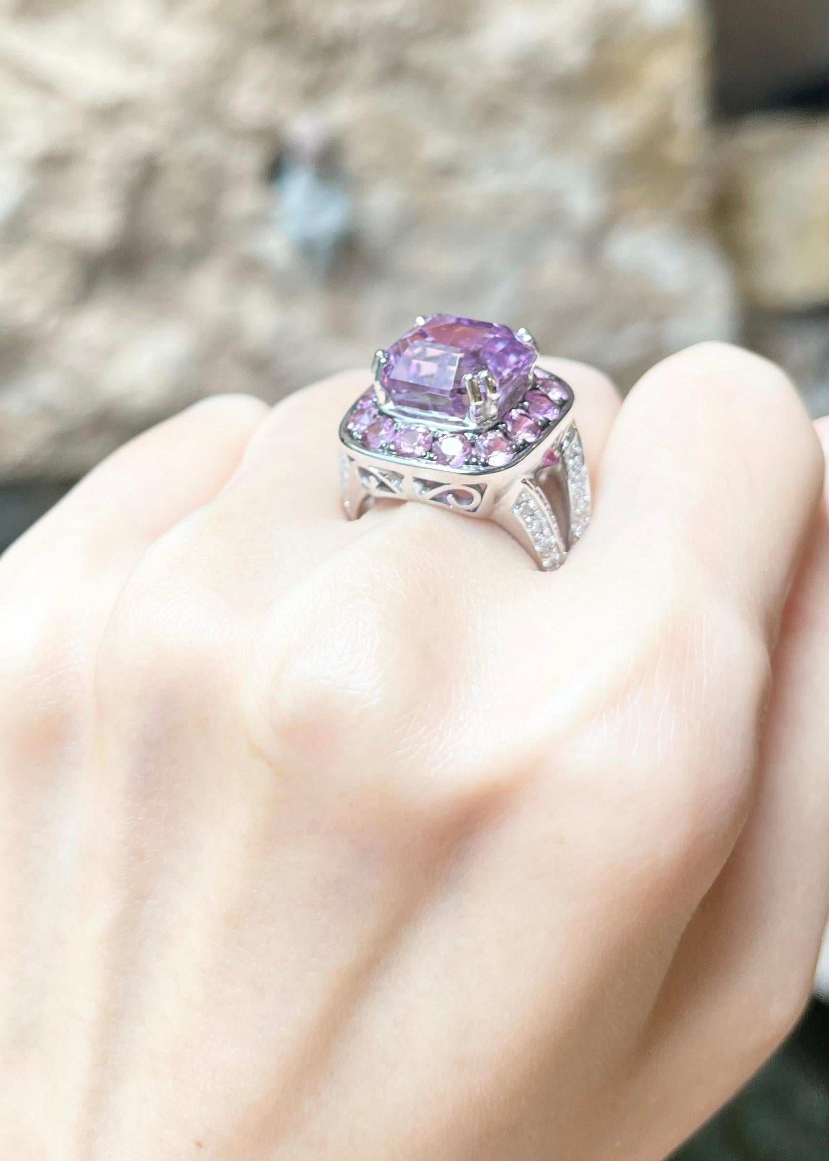 Kunzite, Pink Sapphire and Diamond Ring set in 18K White Gold Settings For Sale 2