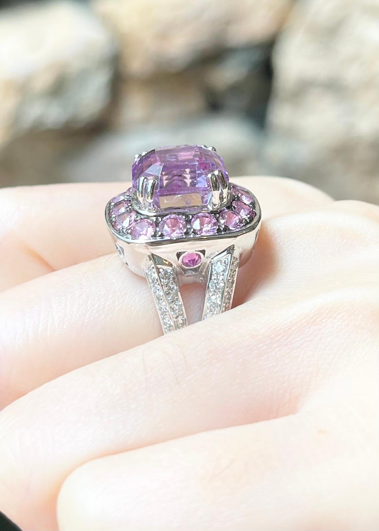 Kunzite, Pink Sapphire and Diamond Ring set in 18K White Gold Settings For Sale 3