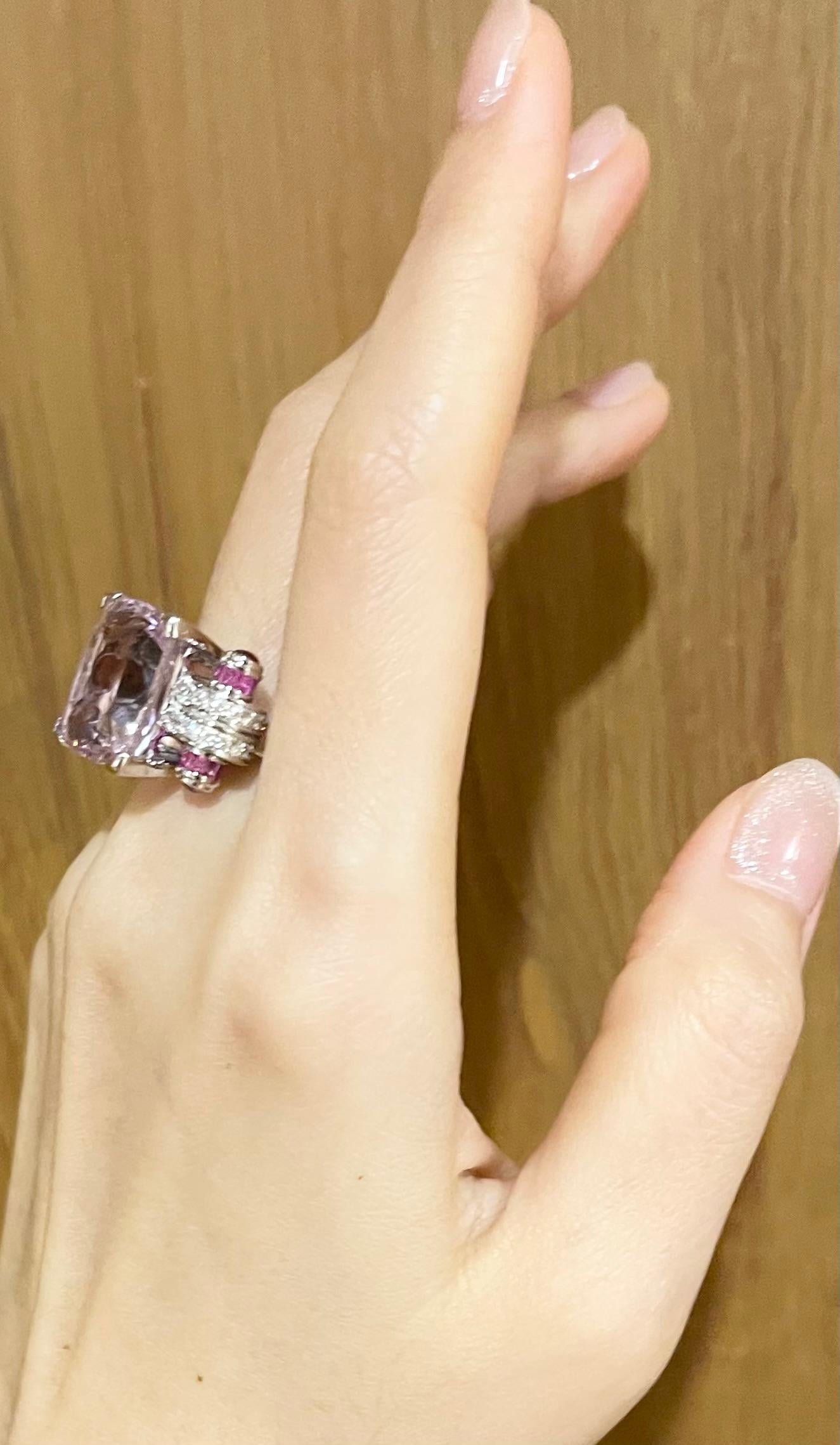 Kunzite, Pink Sapphire and Diamond Ring set in 18K White Gold Settings For Sale 3