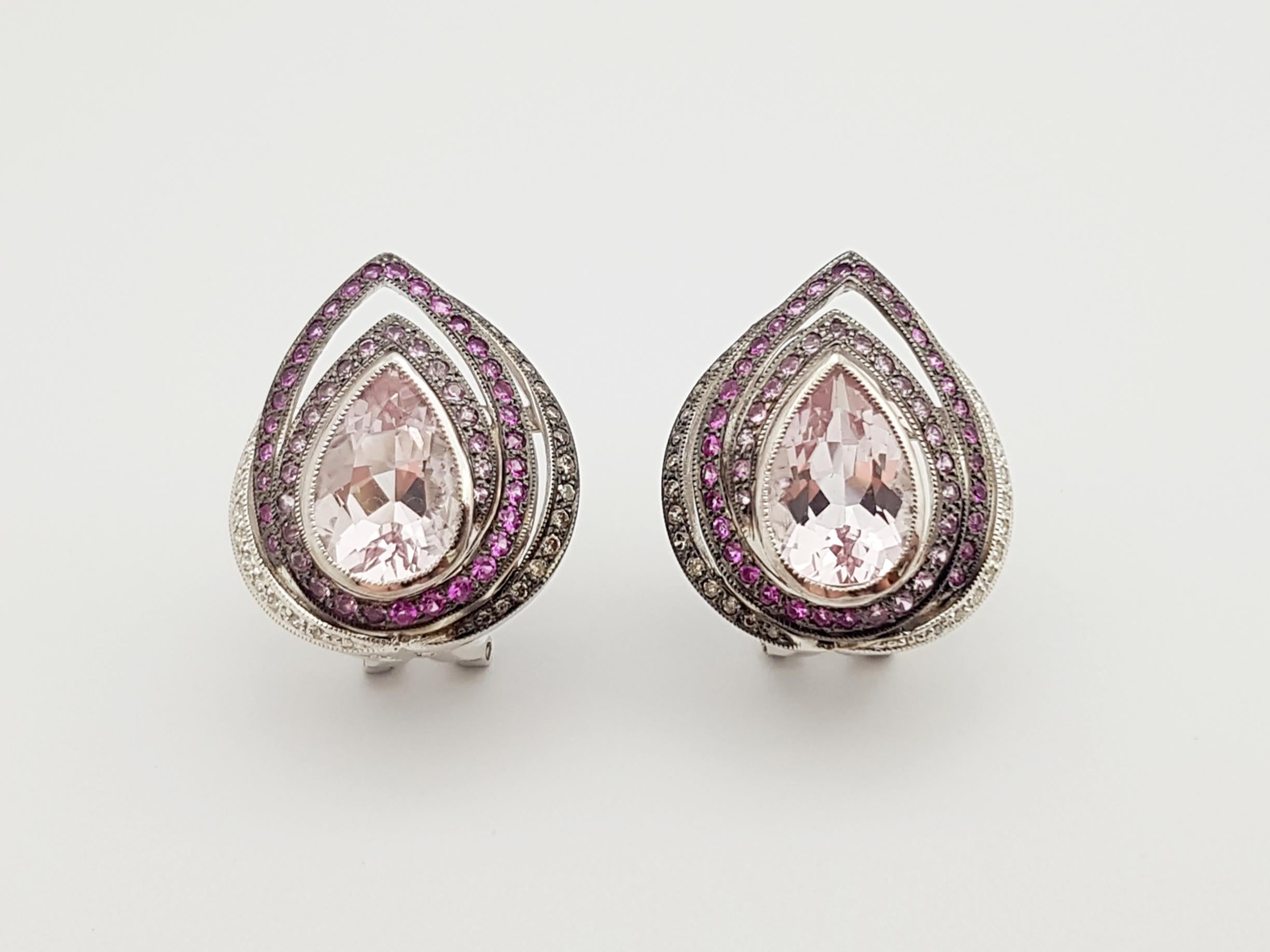 Contemporary Kunzite, Pink Sapphire with Diamond Earrings Set in 18 Karat White Gold Settings For Sale
