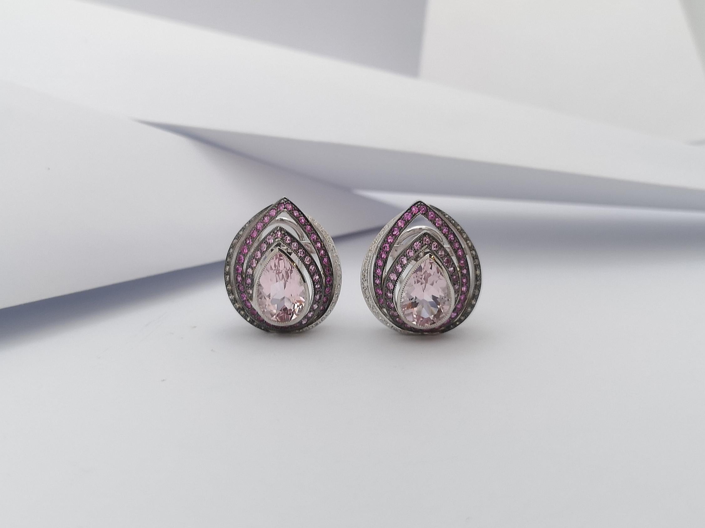 Pear Cut Kunzite, Pink Sapphire with Diamond Earrings Set in 18 Karat White Gold Settings For Sale