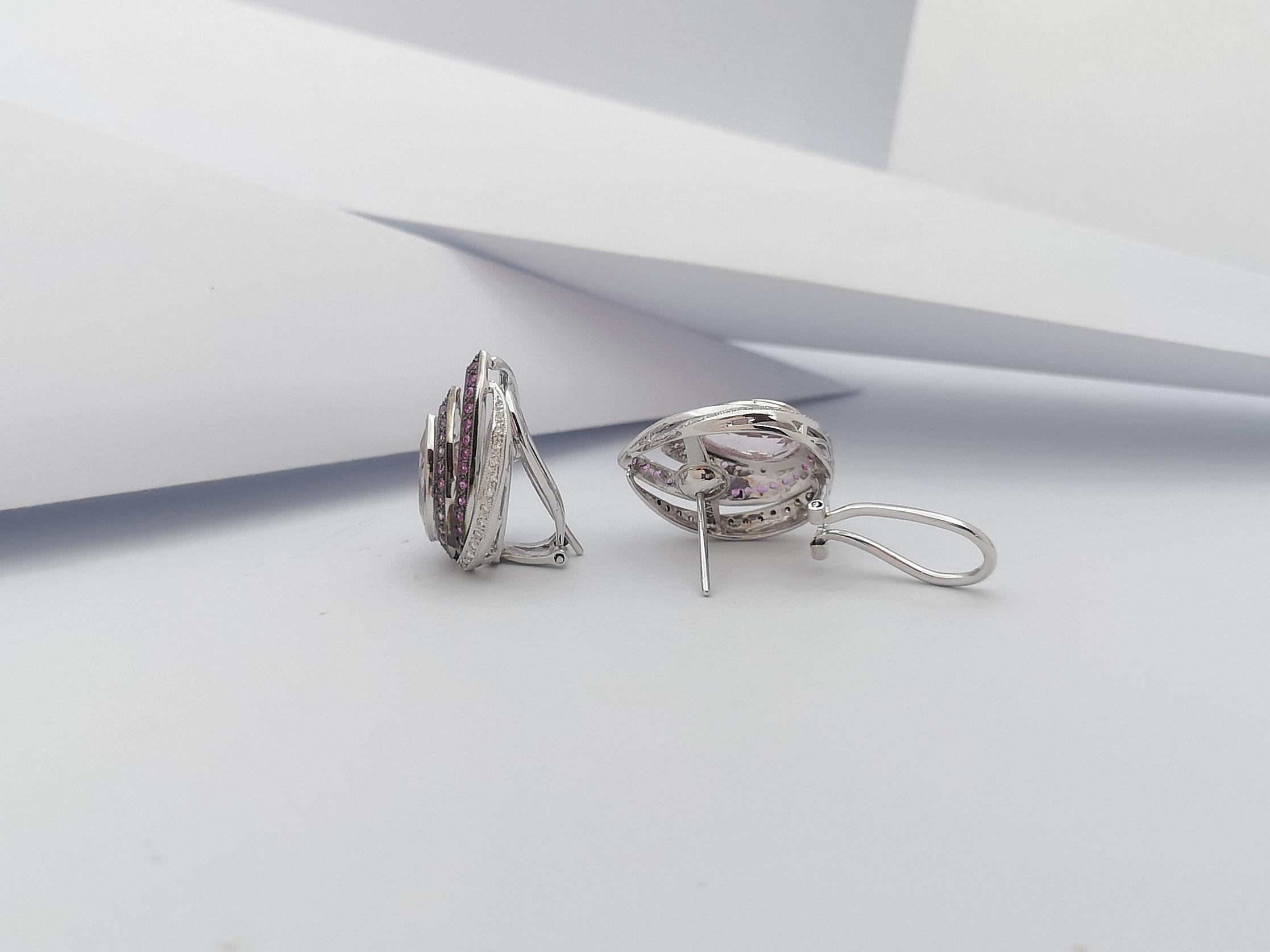 Women's Kunzite, Pink Sapphire with Diamond Earrings Set in 18 Karat White Gold Settings For Sale
