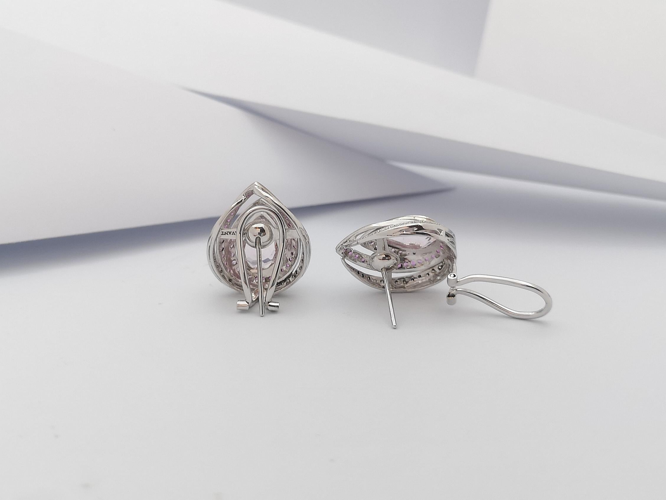 Kunzite, Pink Sapphire with Diamond Earrings Set in 18 Karat White Gold Settings For Sale 1